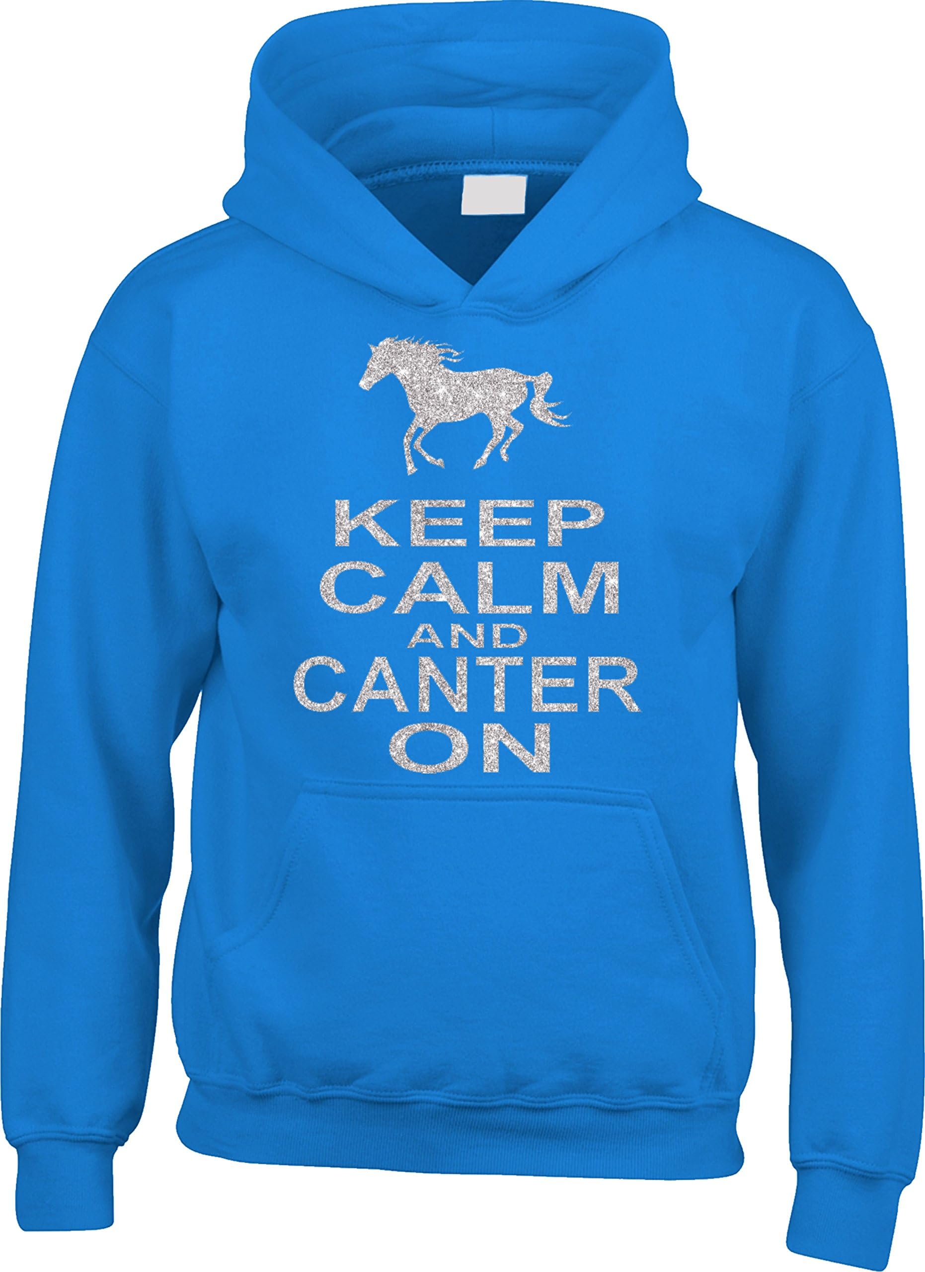 Edward Sinclair Women's Sapphire Hoodie With Silver Pearlescent Glitter Print S 10-12 (36") 'Keep Calm And Canter On With Horse Image'