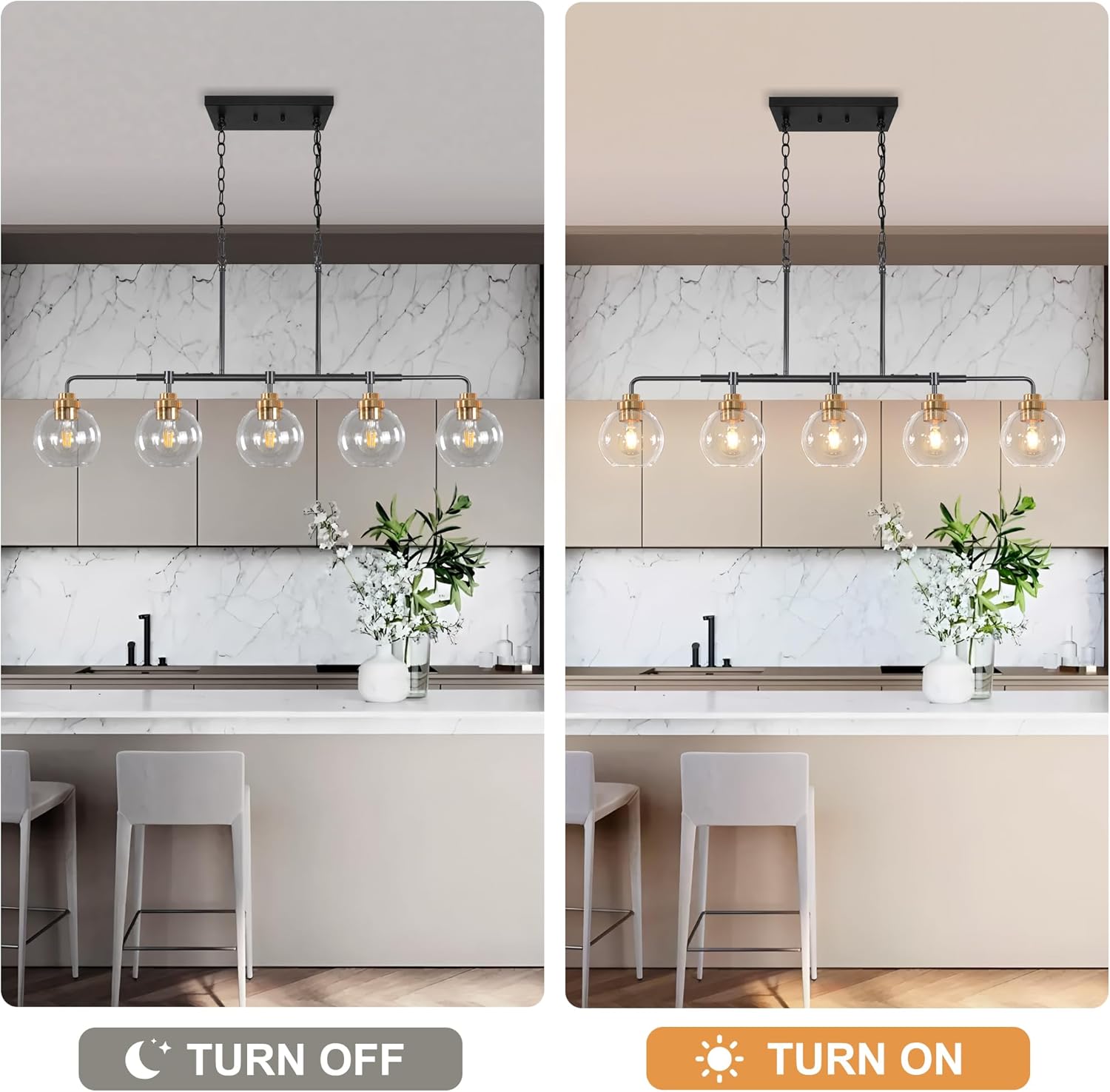 Dining Room Chandelier 5 Light Linear Pendant Lights Kitchen Island with Clear Glass Shade Dining Table Fixture, 45 Inch Adjustable Height Chandeliers for Bedroom Living Room Kitchen Island