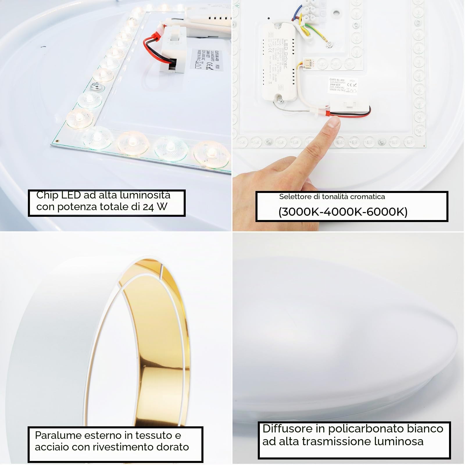 Alpinaluz Plafoniera LED da Soffitto Ø40 cm 30W Schermo Tessile Bianco con Interno Dorato Riflettente Luce Regolabile CCT 3000K/4000K/6000K Design Elegante per Soggiorno Camera