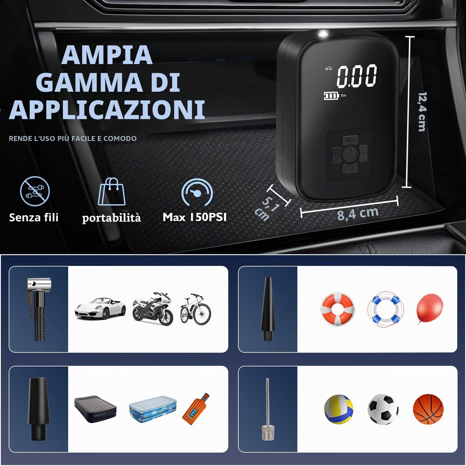 motomoyo Compressore Aria Portatile,4000mAh Mini Compressore 4 Modalità Air Pump Elettrica 150PSI Gonfia Gomme Auto Portatile con Schermo LCD Digitale e Torcia LED per Auto/Bici/Moto/Scooter/Pallone