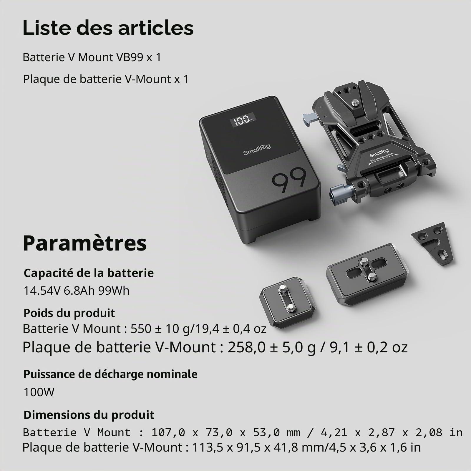 SMALLRIG Batterie V Mount VB99, Mini Batterie 99 Wh / 6800 mAh avec PD 100 W USB-C Charge Rapide, avec Plaque de Batterie V-Mount pour Appareil Photo Reflex numérique, caméscope, Trépied - 5048