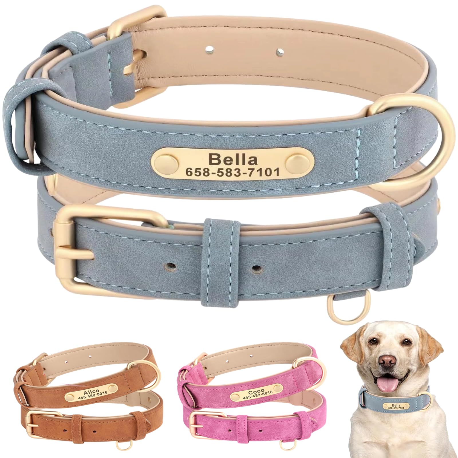 SEOUGEE Personalised Leather Dog Collar, Soft Padded Leather Dog Collars Heavy Duty with Custom Engraved Name Plate Adjustable for Small Medium Large Dogs (L, Blue 35-45cm) — image 1