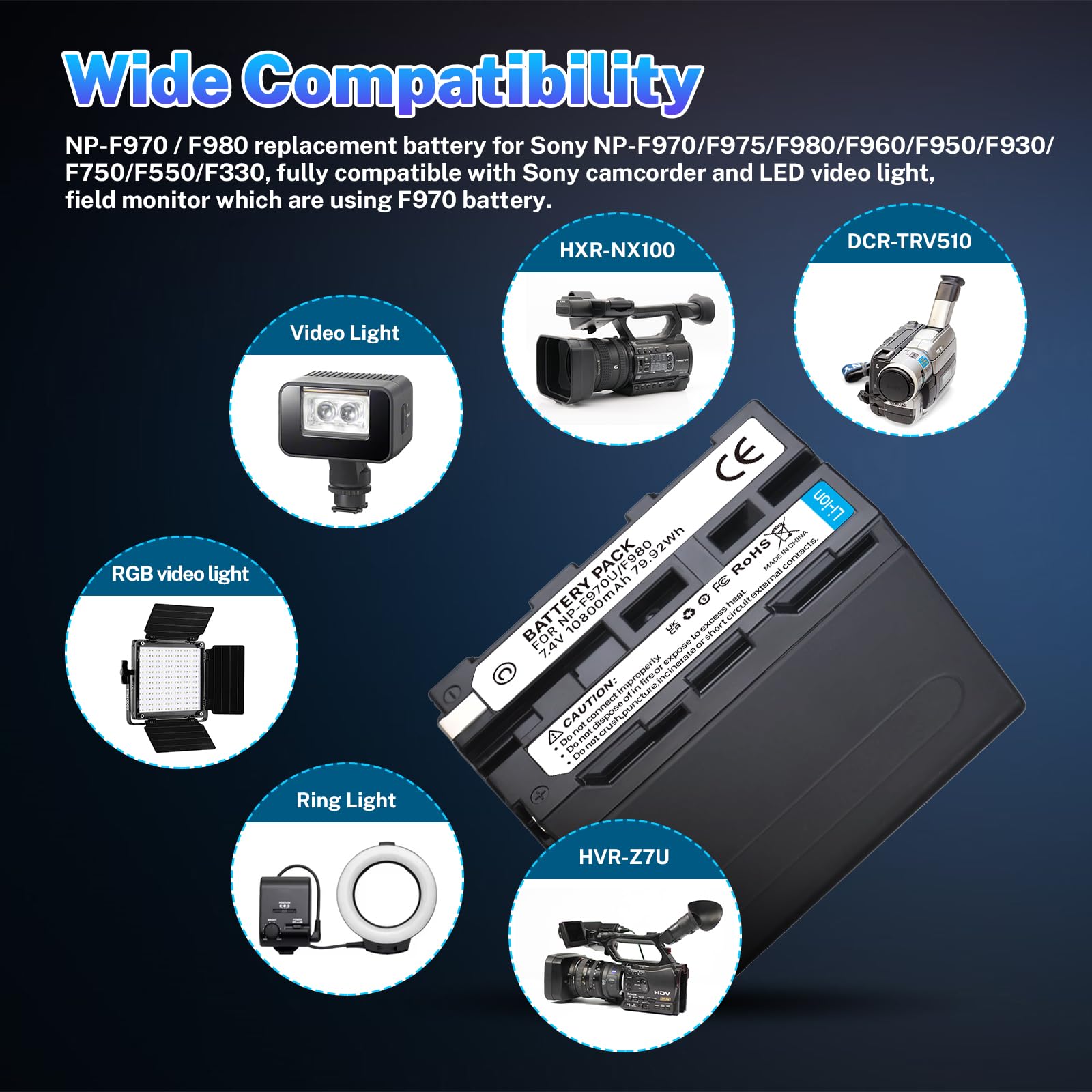2 Stück 10800mAh Akku für Sony NP-F970 NP-F980 NP-F960 NP-F950 NP-F930 NP-F550 NP-F570 NP-F750 Ersatzakku für Sony Handycams, Field Monitor, Videoleuchte