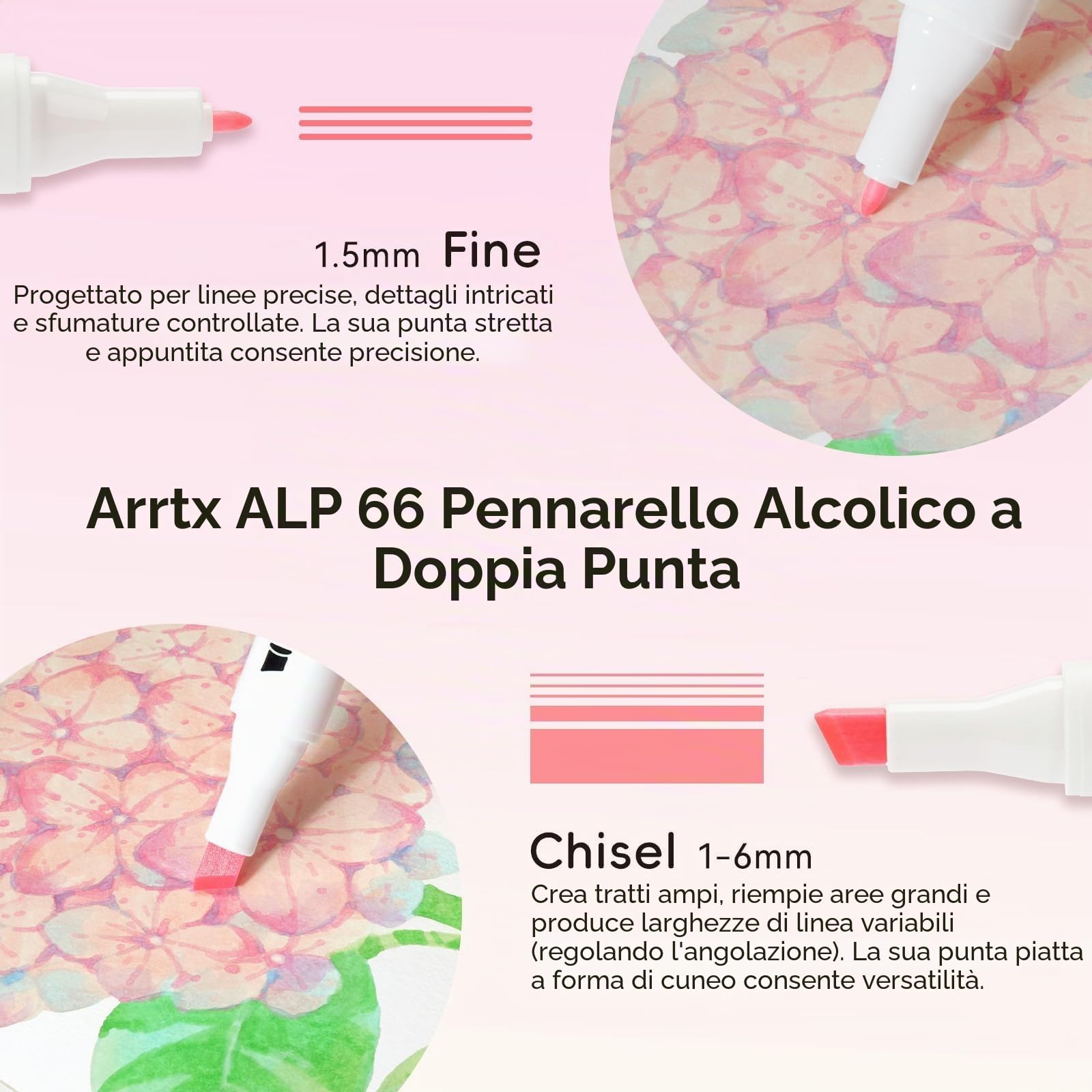 Arrtx Pennarelli ad alcol ALP 66 colori pastello, a scalpello e a punta fine, pennarelli artistici professionali per artisti adulti, colorare, disegnare, illustrazioni