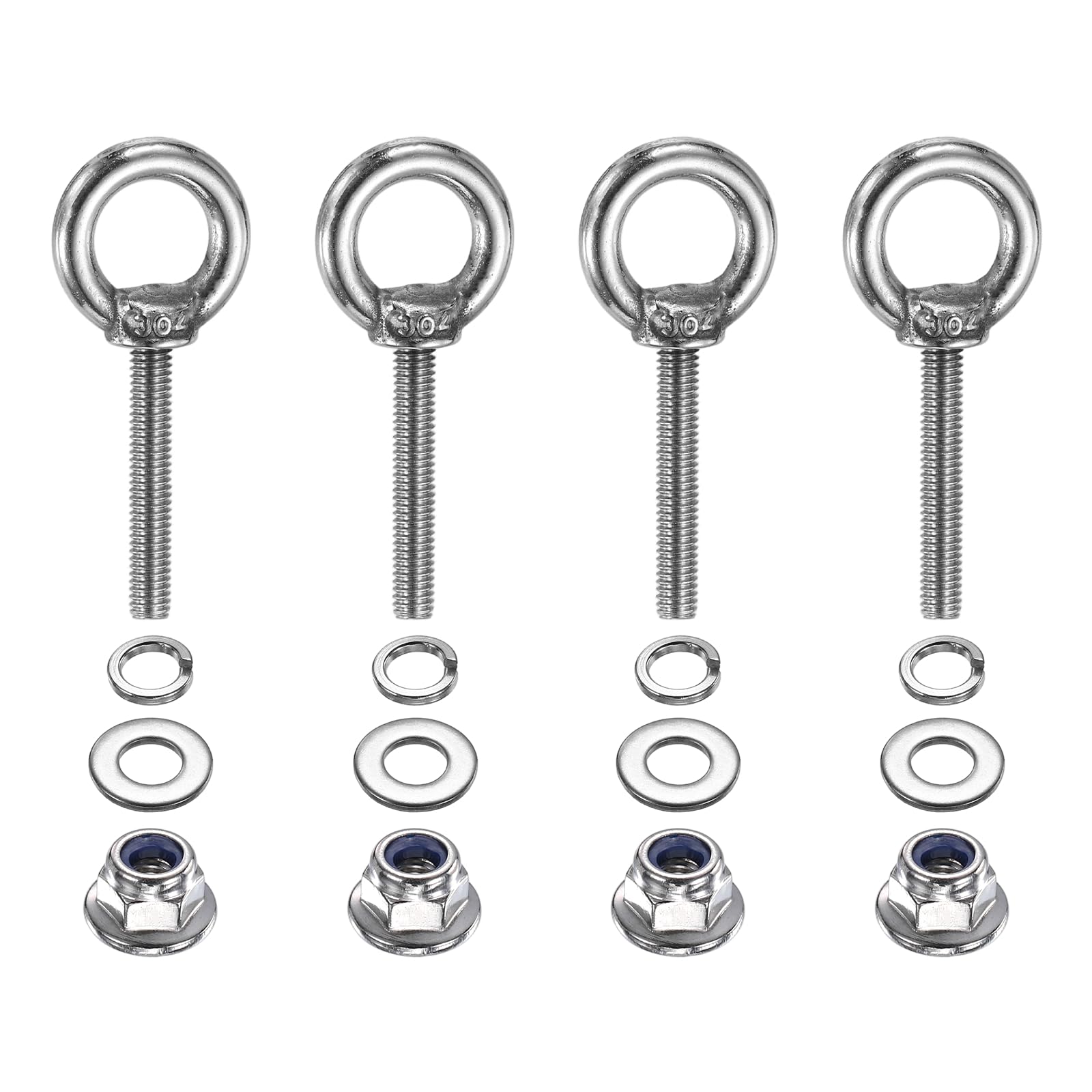 PATIKIL M4 x 25mm Shoulder Eye Bolt, 4 Pcs 304 Stainless Steel Lifting Ring Threaded Eye Bolt with Flange Lock Nuts Spring and Flat Washers for Hanging Tie Down Straps Outdoor Indoor
