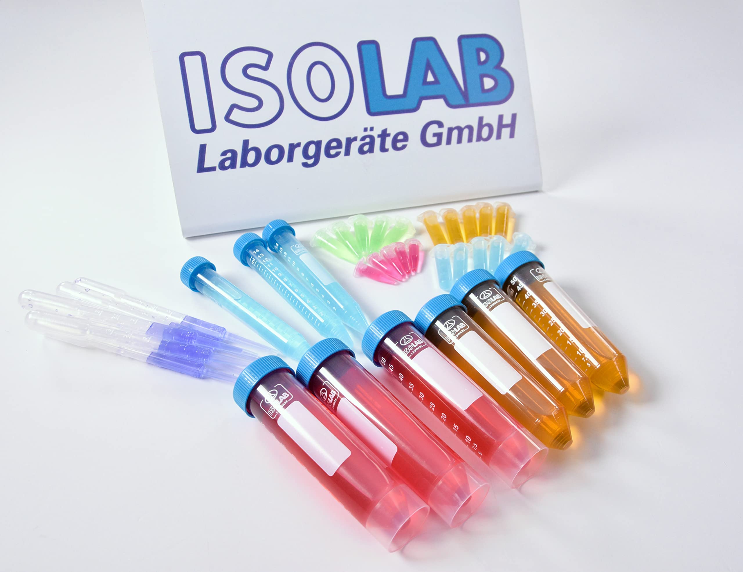ISOLAB - Tubes à centrifuger en plastique, 50 ml, fond conique - Bouchons à vis bleus, repères gradués, paquet de 50 pièces