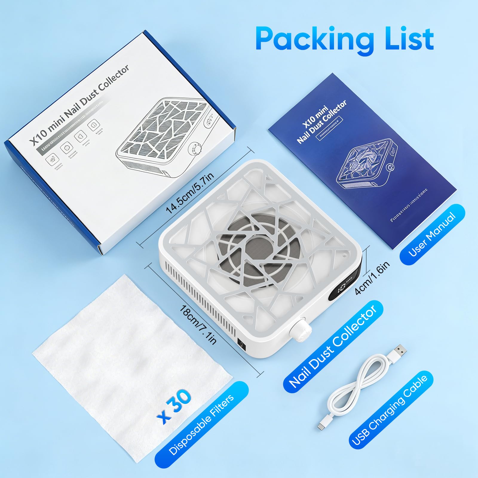 Aspirador de polvo para uñas, 6000 RPM, compacto aspirador de uñas profesional con filtro, herramientas y accesorios, potente aspirador de uñas para manicura pedicura, salón de uñas personal (blanco)