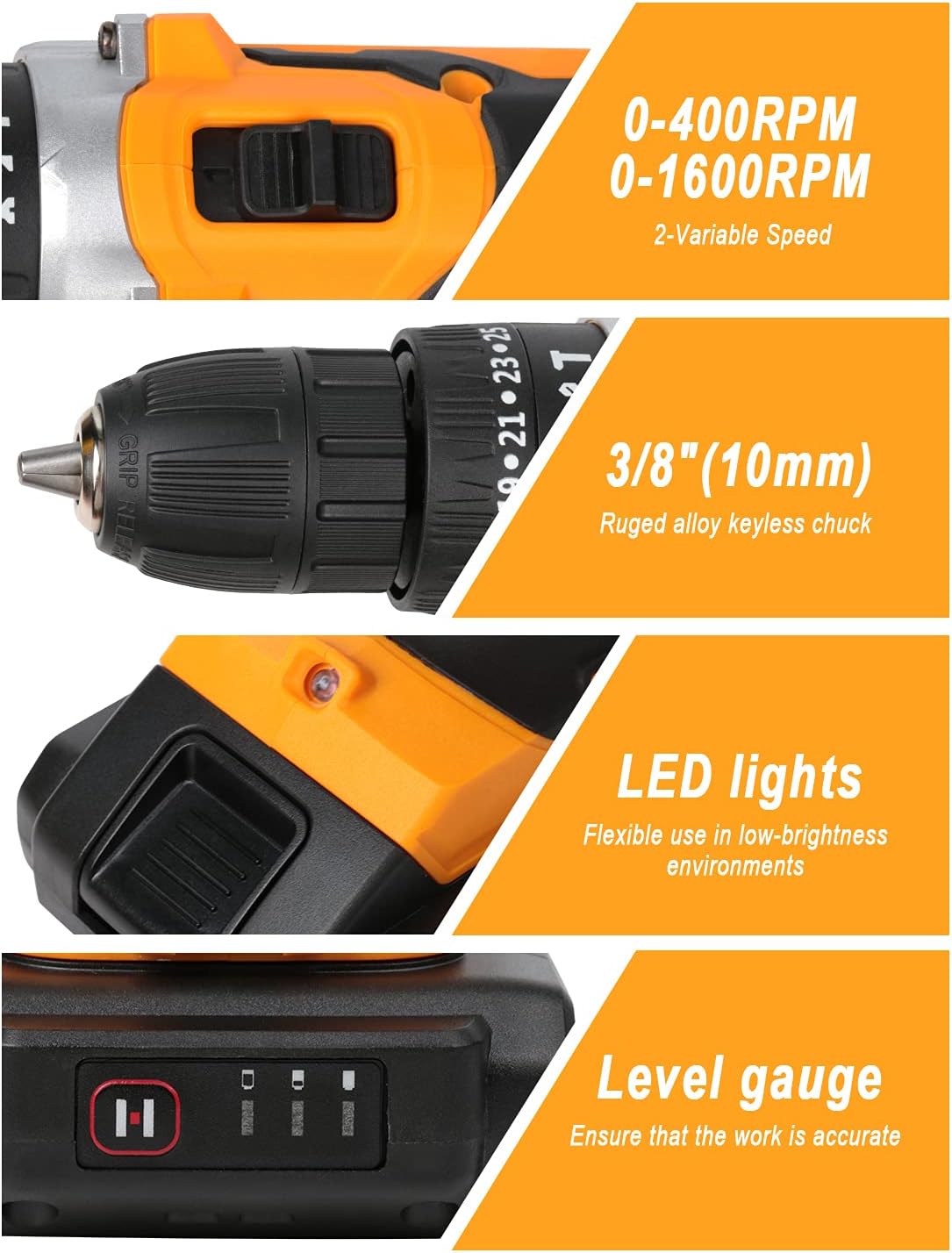 21V Cordless Drill Set, Electric Drill Set with 2×Batteries, 24 PCS Bits, Charger, LED Electric Screw Driver for DIY Drilling Wall, Bricks, Wood, Metal