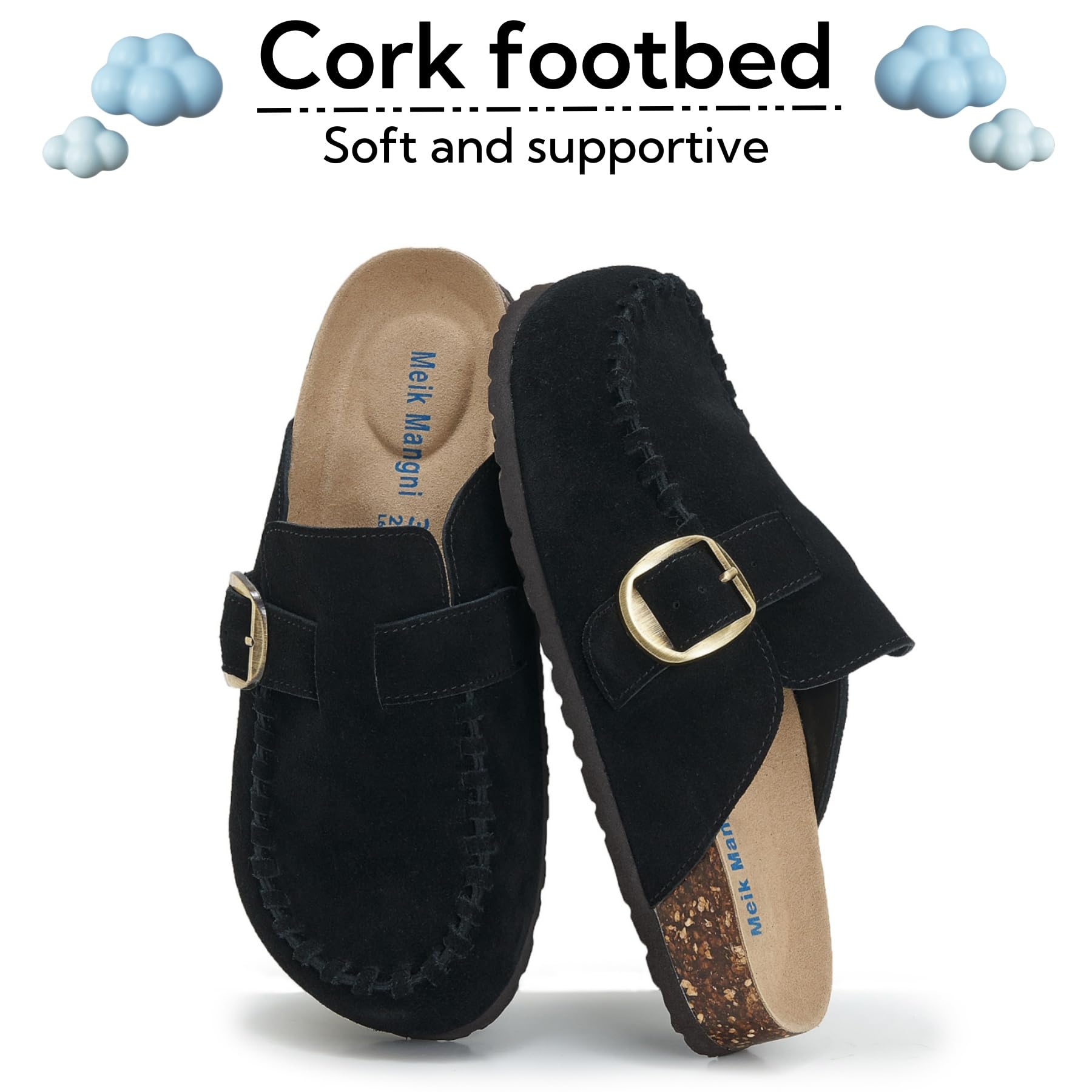 SMajong Zoccoli Uomo Sabot Donna Comode Pantofole in Pelle Ciabatte con Sottopiede in Sughero Scarpa con Fibbia Regolabile al Piede Gr.36-44 EU