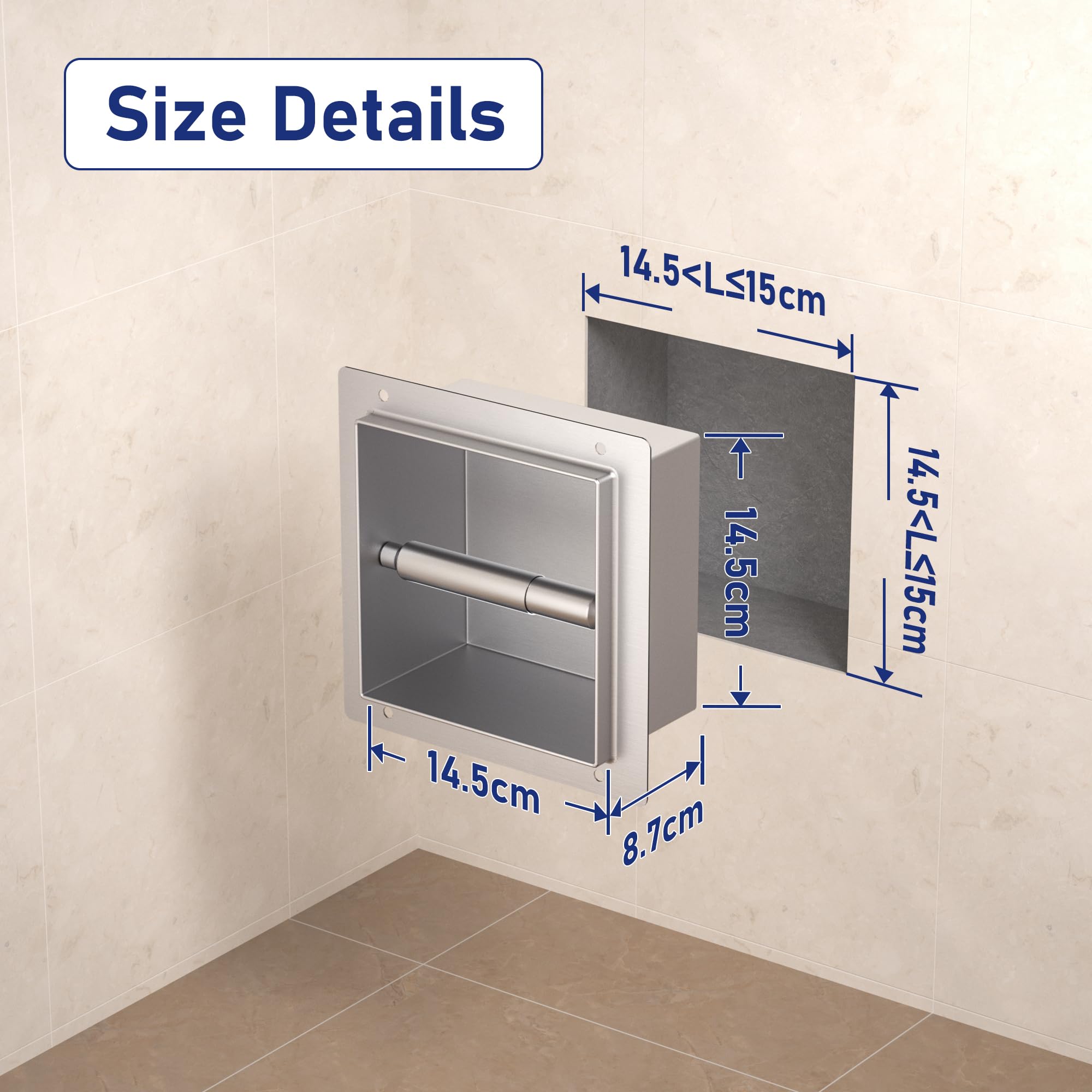 Porta carta igienica da incasso, in acciaio inox, per il bagno, 14,5 x 14,5 x 8,7 cm, per la ristrutturazione e lo smontaggio del bagno, argento