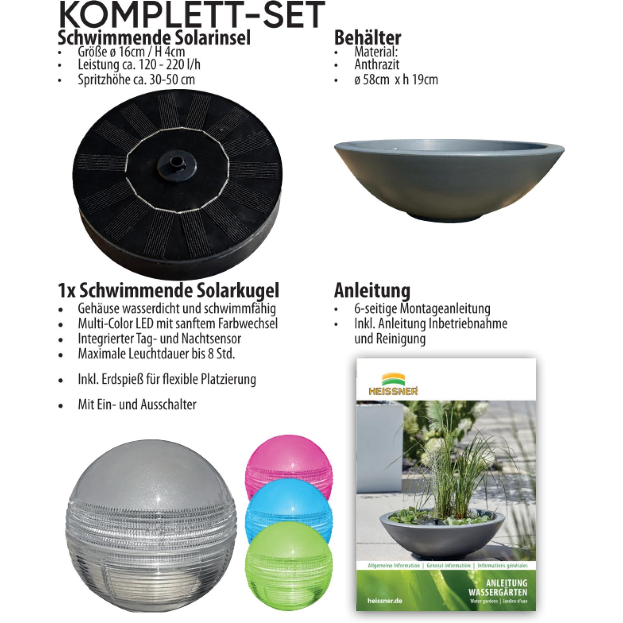 Heissner Solar Wassergarten LOTUSGARDEN inkl. Wasserspielpumpe und Beleuchtung - Miniteich, Dekoteich, Balkonteich