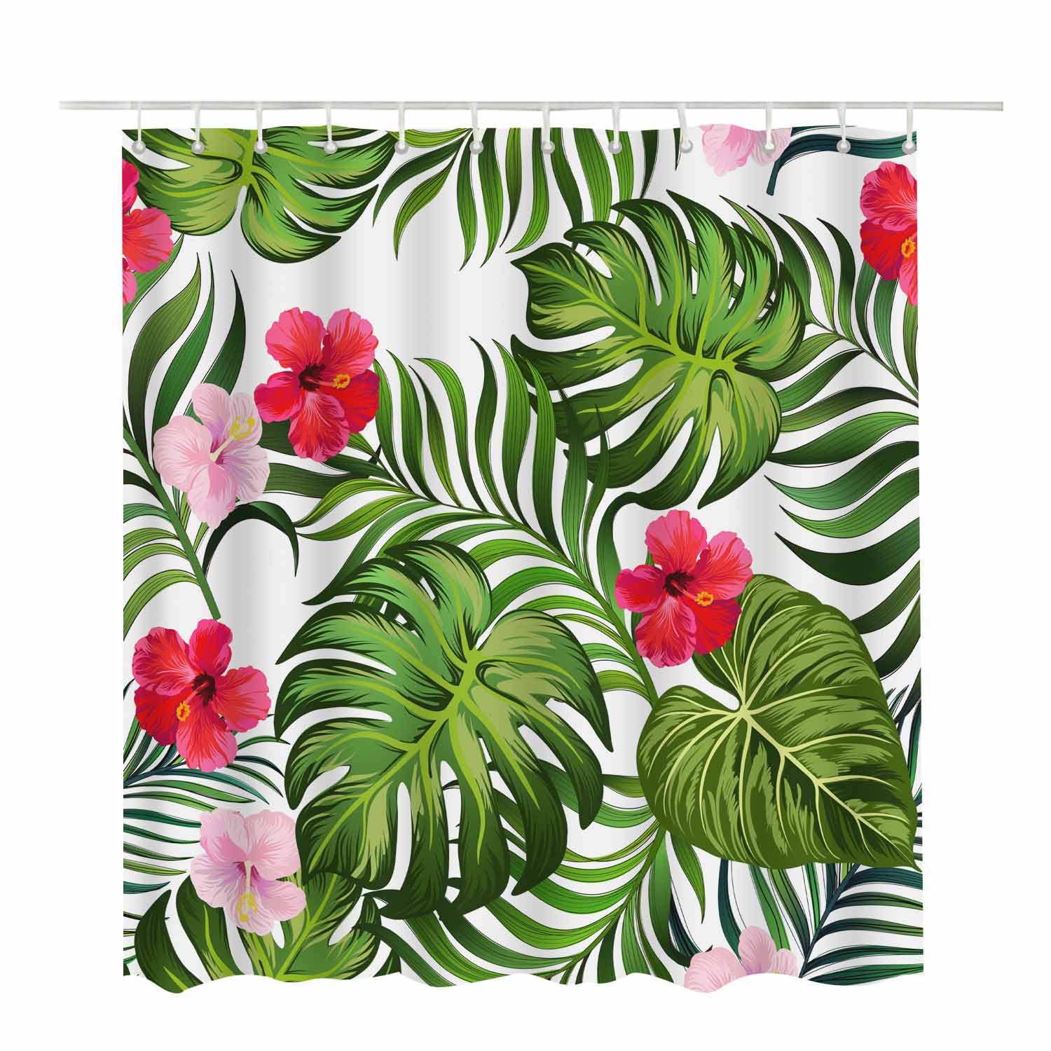 Woutay Shower Curtain Mould Proof Resistant Tropical Green Palm Leaves and Hibiscus Flower,Water Repellant Fabric,Polyester,with 12 Plastic Hooks,Size 180x180CM - Image 2