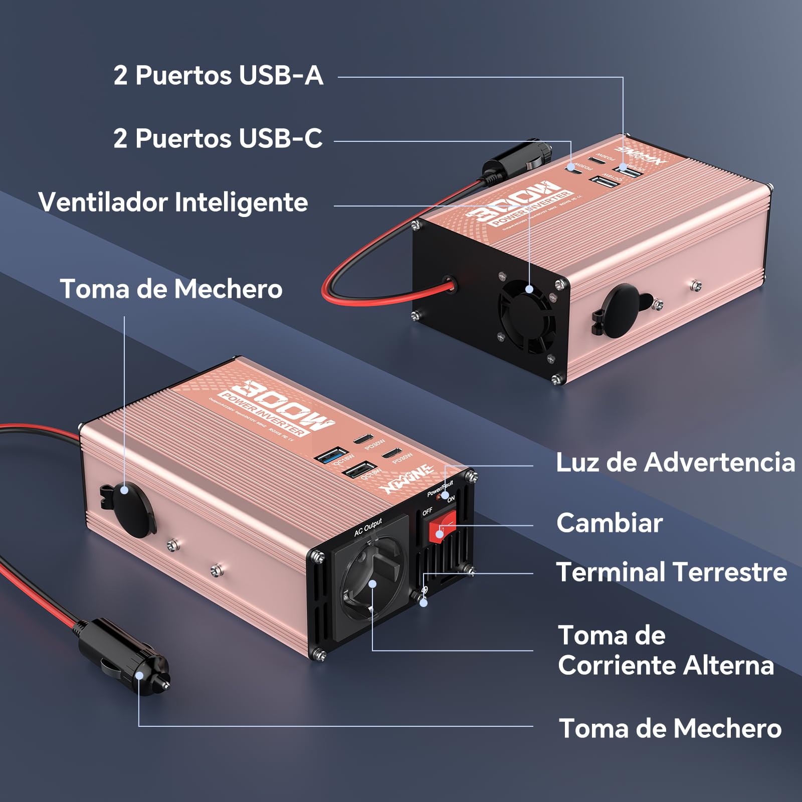 XWJNE 300W Inversor 12V a 220V, Convertidor para Coche con 1 Enchufe EU, 2 Puertos USB-A, 2 Puertos USB-C, Inversor de Corriente Onda Sinusoidal Modificada con Enchufe de Mechero y Protección Múltiple