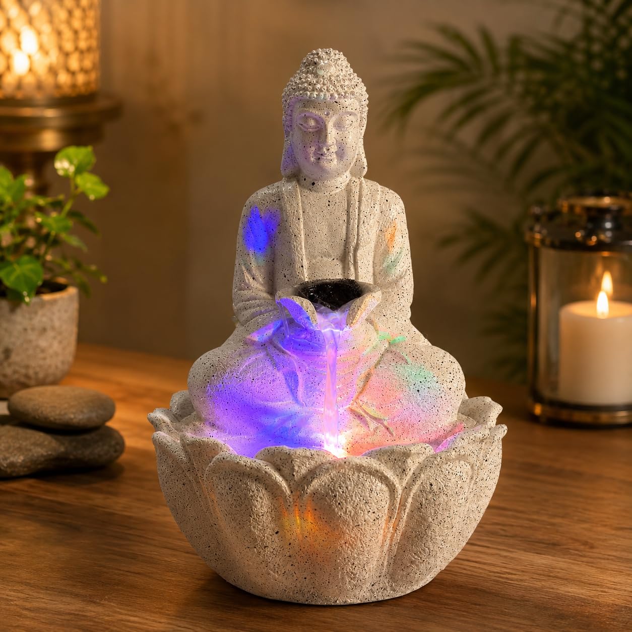 Meditating Buddha Indoor Water Fountain with LED Lights | Lotus Base Tabletop Waterfall Fountain for Home Decor, Meditation Room, Office Desk, Living Room & Feng Shui Decoration-image-10