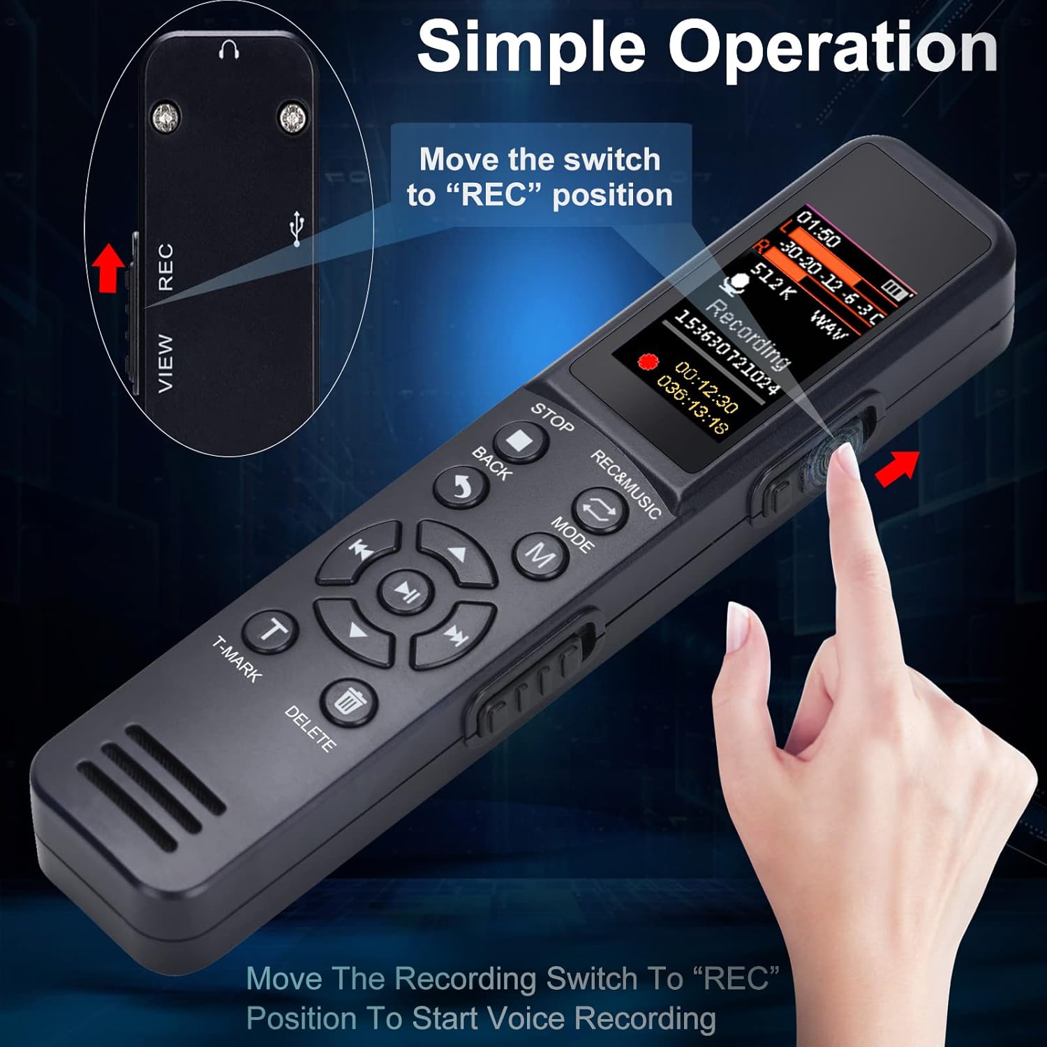 Hand demonstrating sliding the 'REC' switch on the eoqo Digital Voice Recorder to start recording