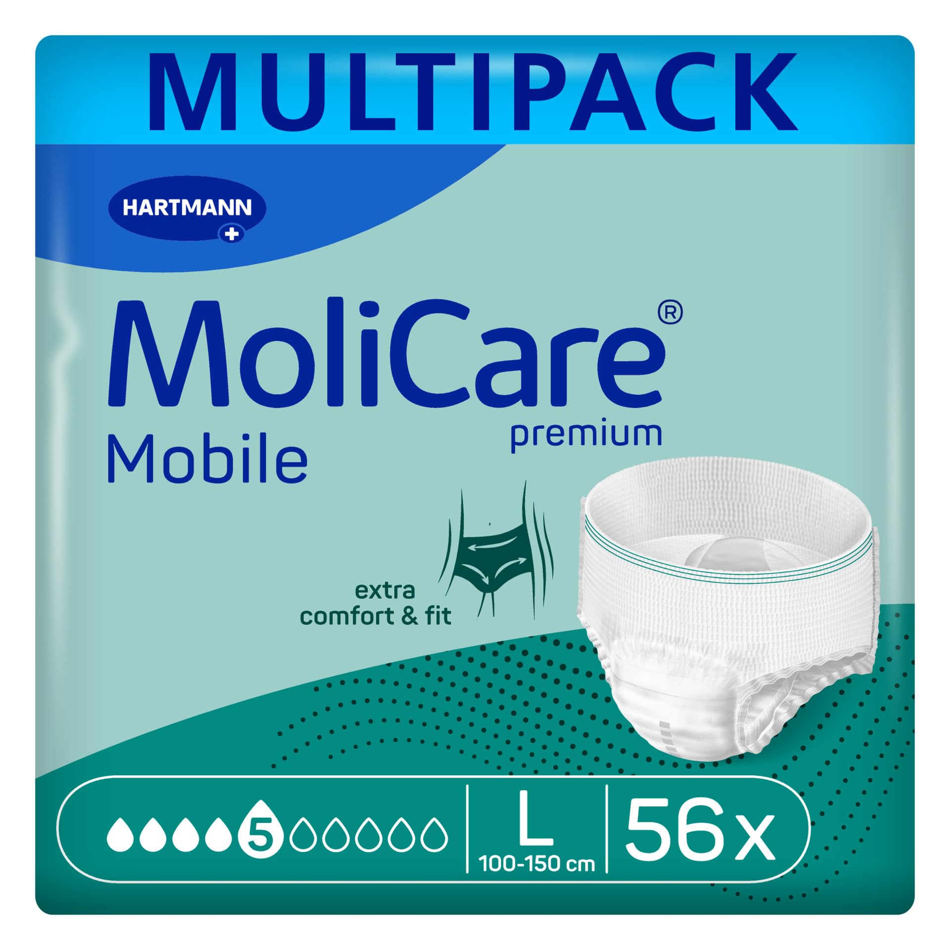 MoliCare Premium Mobile 5 Drops Size L | Incontinence Pants for Moderate Incontinence | Extra Leakage Protection | Fast Absorption | 39-59 inches | 4 Packs of 14 Pairs (56 Pieces)