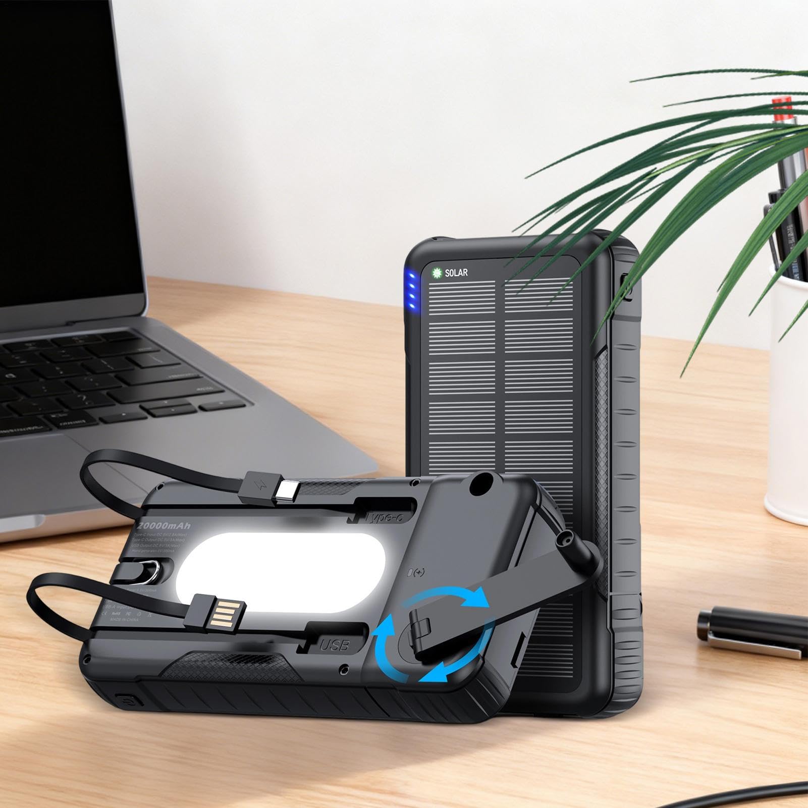 Powerbank con modulo solare, impermeabile con torcia luminosa, caricatore solare a manovella, per smartphone, per fotocamera, tablet, escursioni, viaggi, viaggi, , backpacking musicale