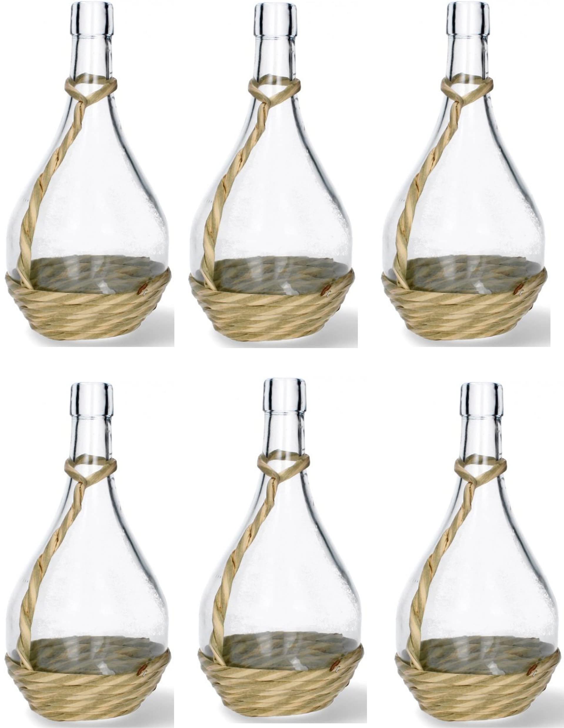 lilawelt24 6 x 2L Glasflasche im EKO Korb für Wein Likör Öl Essig Deko | Rustikale Fiasco-Flasche zum Befüllen, Servieren und Dekorieren