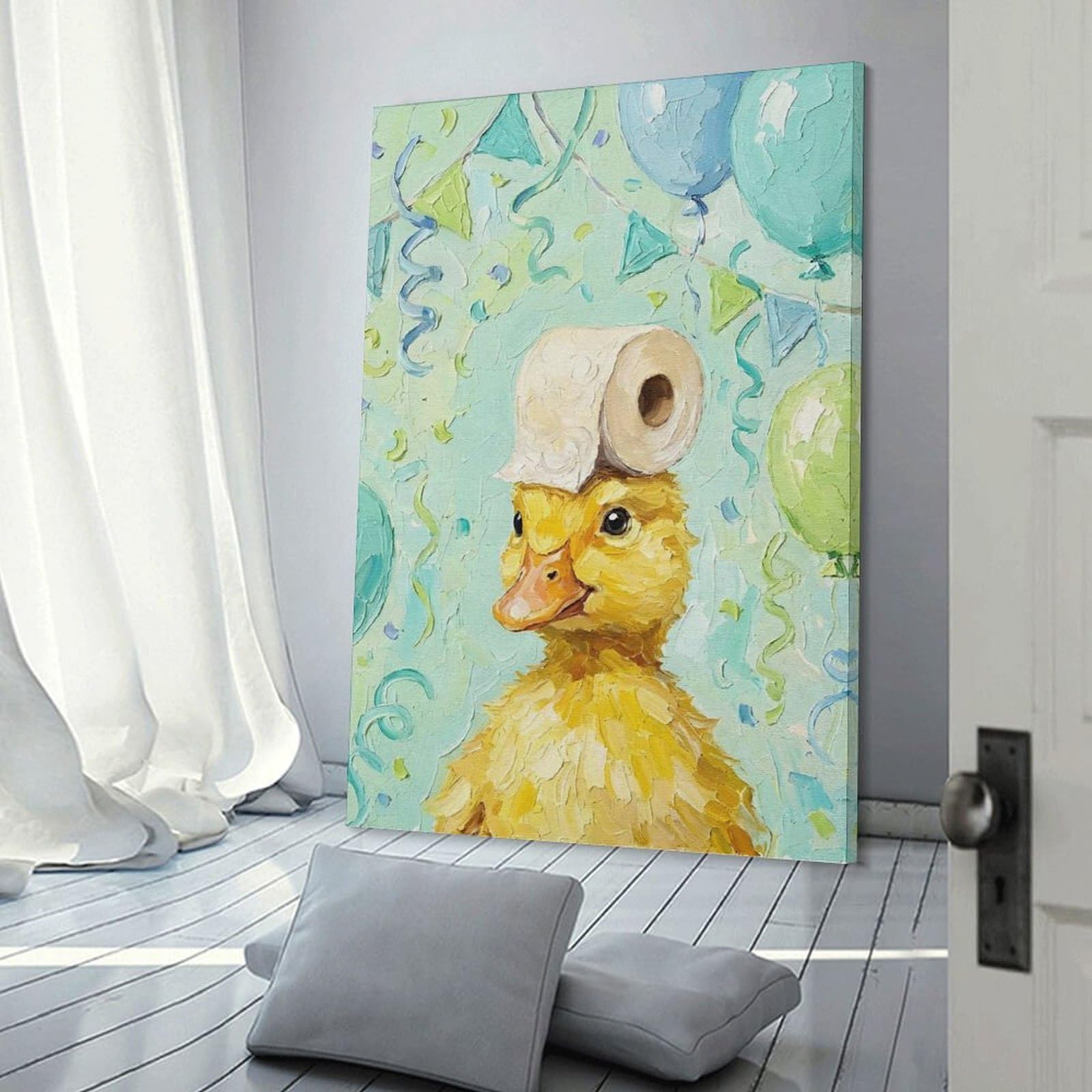 Junmoney Frame-Style-11 Duckling With Toilet Paper Hat Canvas Wall Art, 20X30inch(50X75cm), For Workspace Walls, Study Corners Or Bedrooms, An Interior Accent For Desk Areas