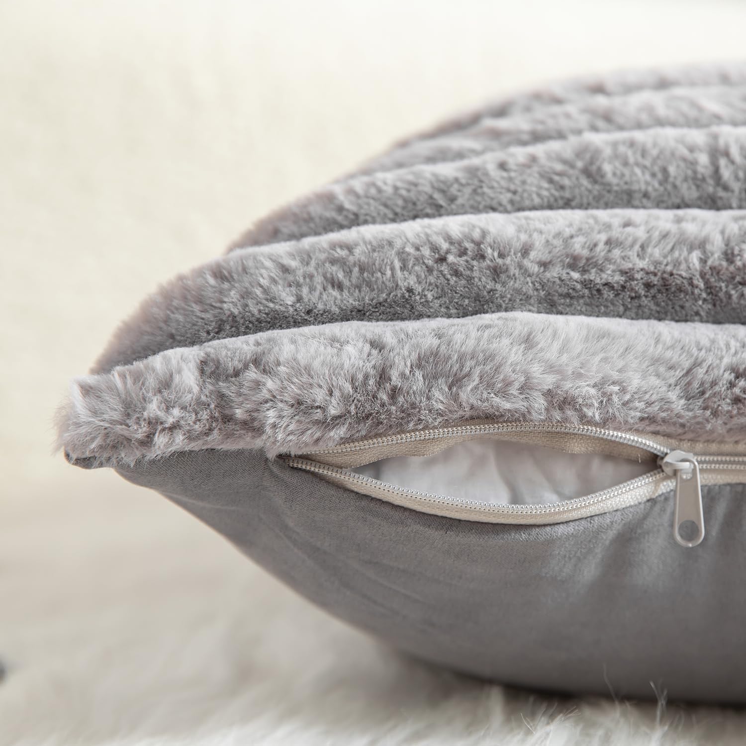 MANDIOO Pack of 2 Decorative Throw Pillow Covers Faux Fur Striped Plush Soft Cushion Covers Pillow Cases Bedroom Living Room Sofa Home 22x22 Inch Grey