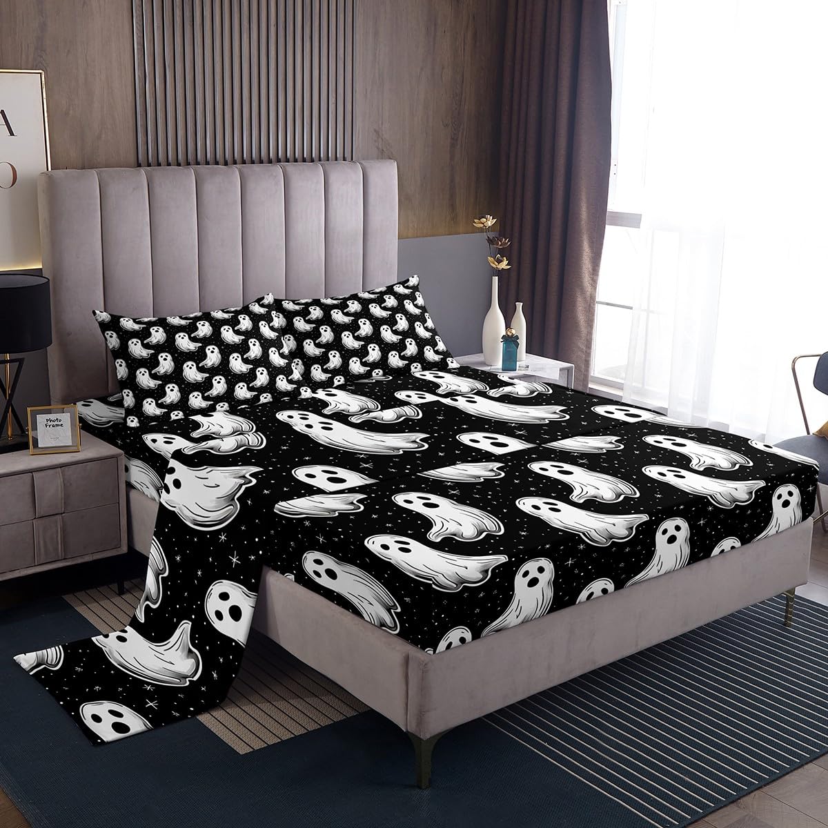 Feelyou Happy Halloween Ghost Bedding Set Twin Size Cute Ghost Sheets for Kids Boys Girls Halloween Theme Bed Sheets Black Ghost Sheets Set for All