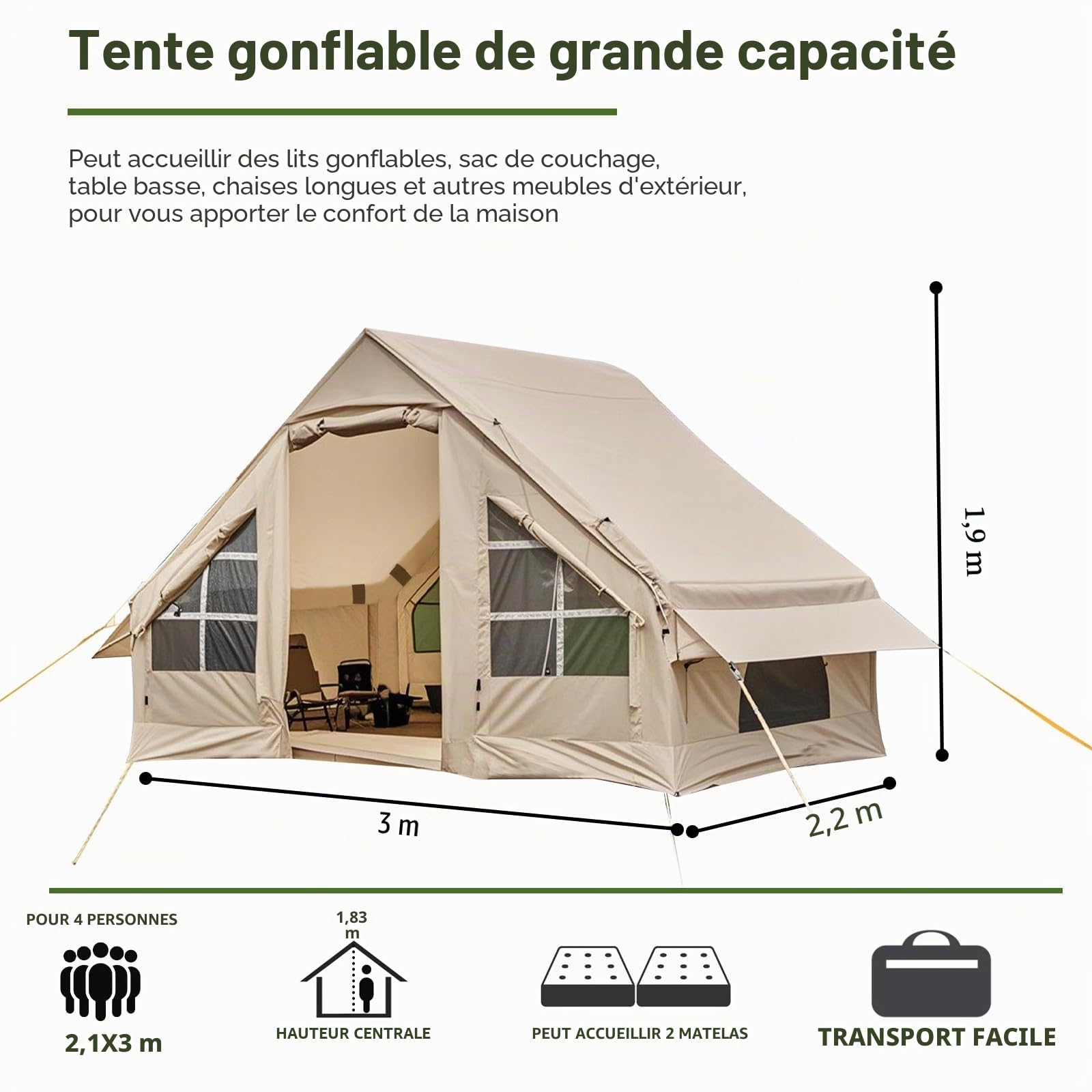Tente de Camping Gonflable avec bâches, Tente familiale Gonflable 2/4/6/8 Personnes pour Le Camping, Grande Maison de Tente Gonflable avec Double Toit, Tente Gonflable Facile à Monter