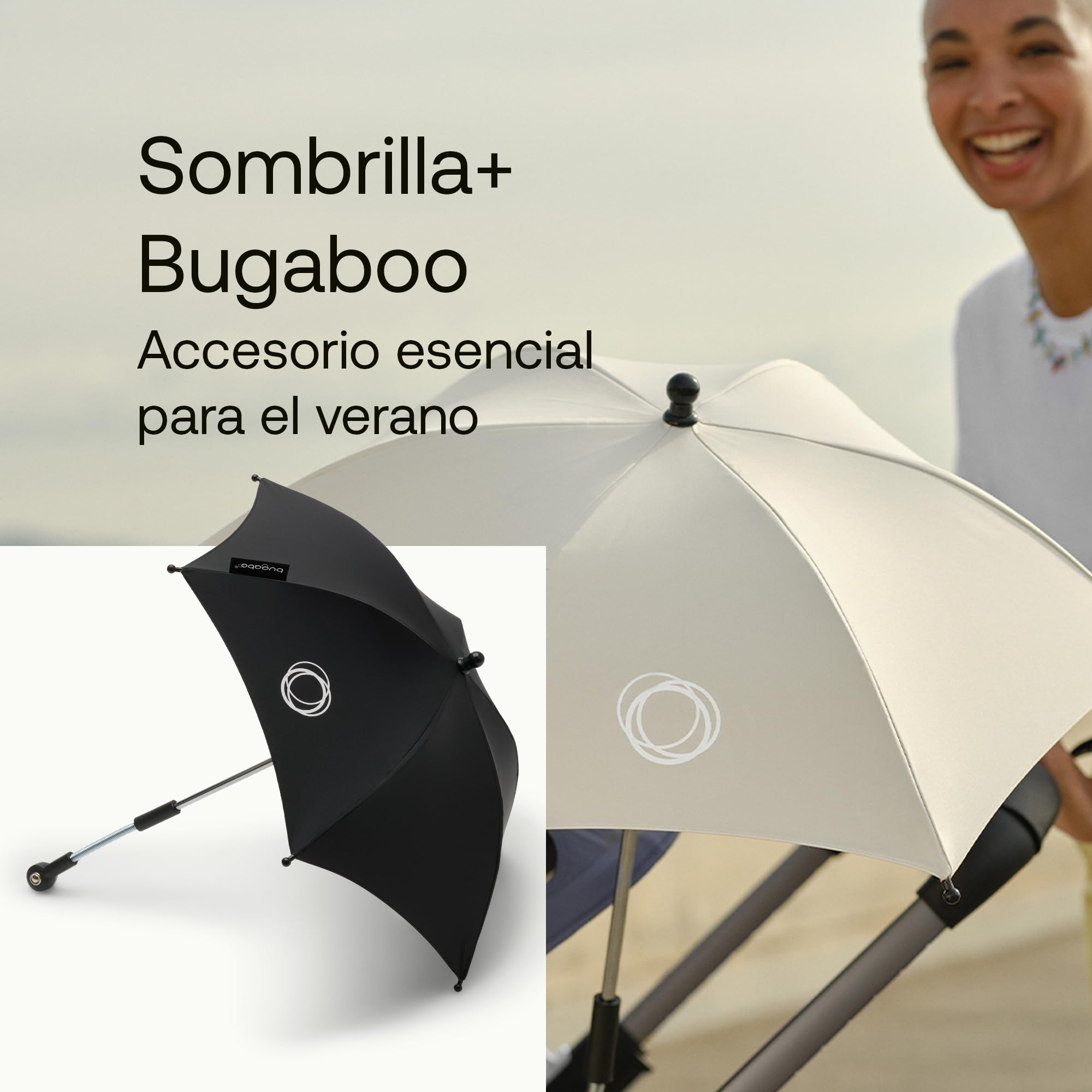 Sombrilla+ Bugaboo, Compatible con todos los carritos Bugaboo, Tejido de protección solar UPF 50+ para una protección solar óptima, Conexión con un clic y mecanismo de fácil ajuste, Negro