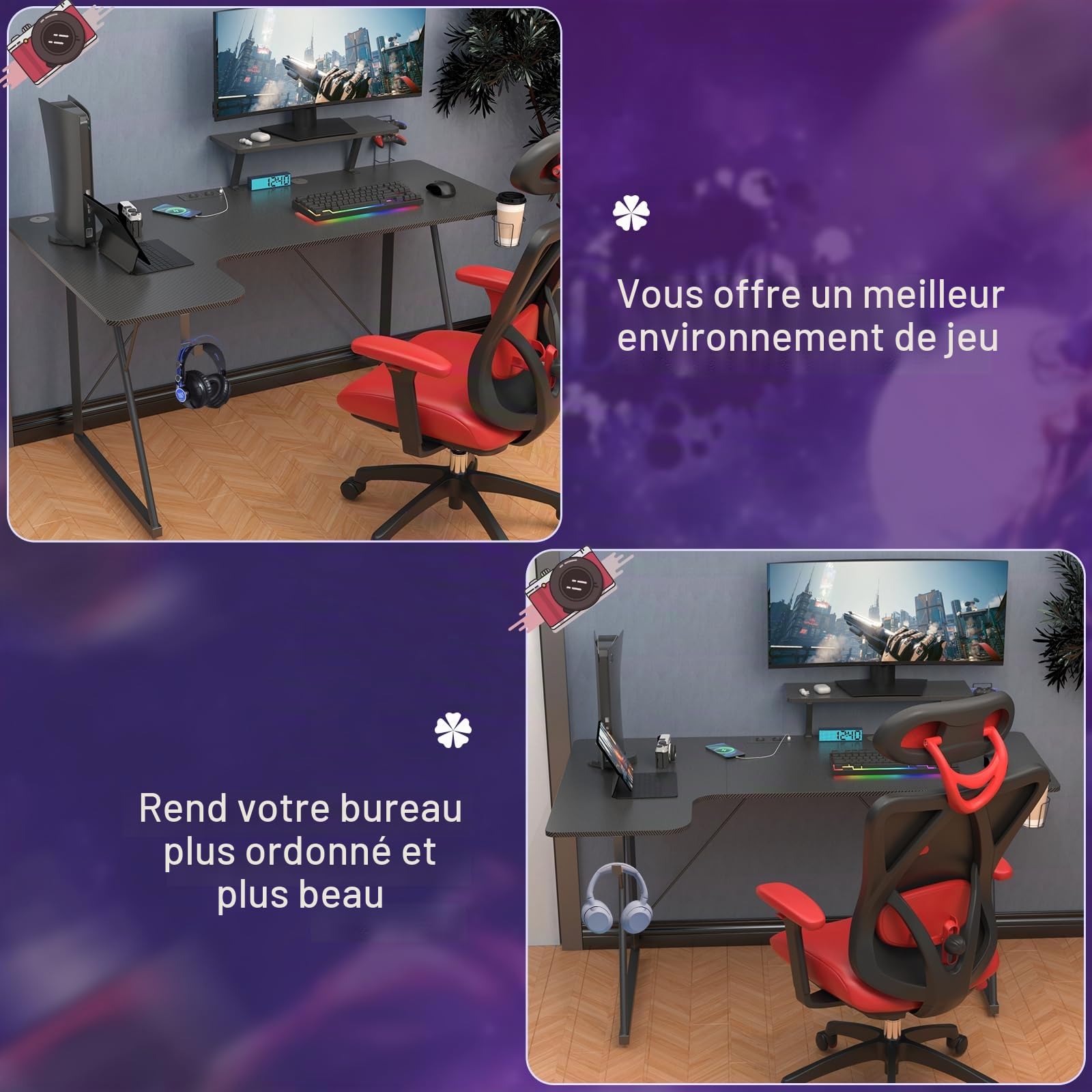 Bureau Gaming 150x90, Table Gaming avec 2 Prises Electriques et 2 Ports USB, Bureau en Forme de L, Fibre de Carbone, Support de Moniteur, pour Etudier, Jouer et Travailler, Noir