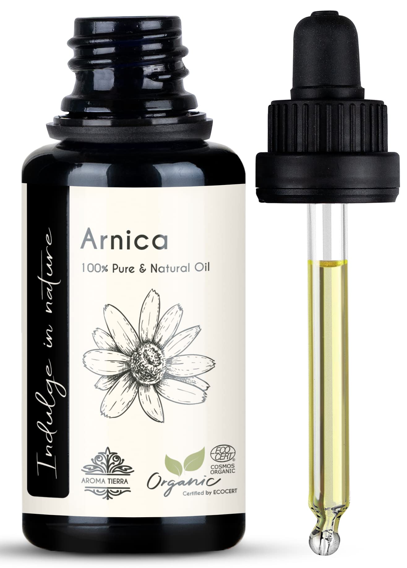 Aroma Tierra Arnica Oil (Arnica montana) - 100% Pure & Organic - For Hair Growth, Face, Skin & Body Massage - Pain Relief, Bruising - 30ml