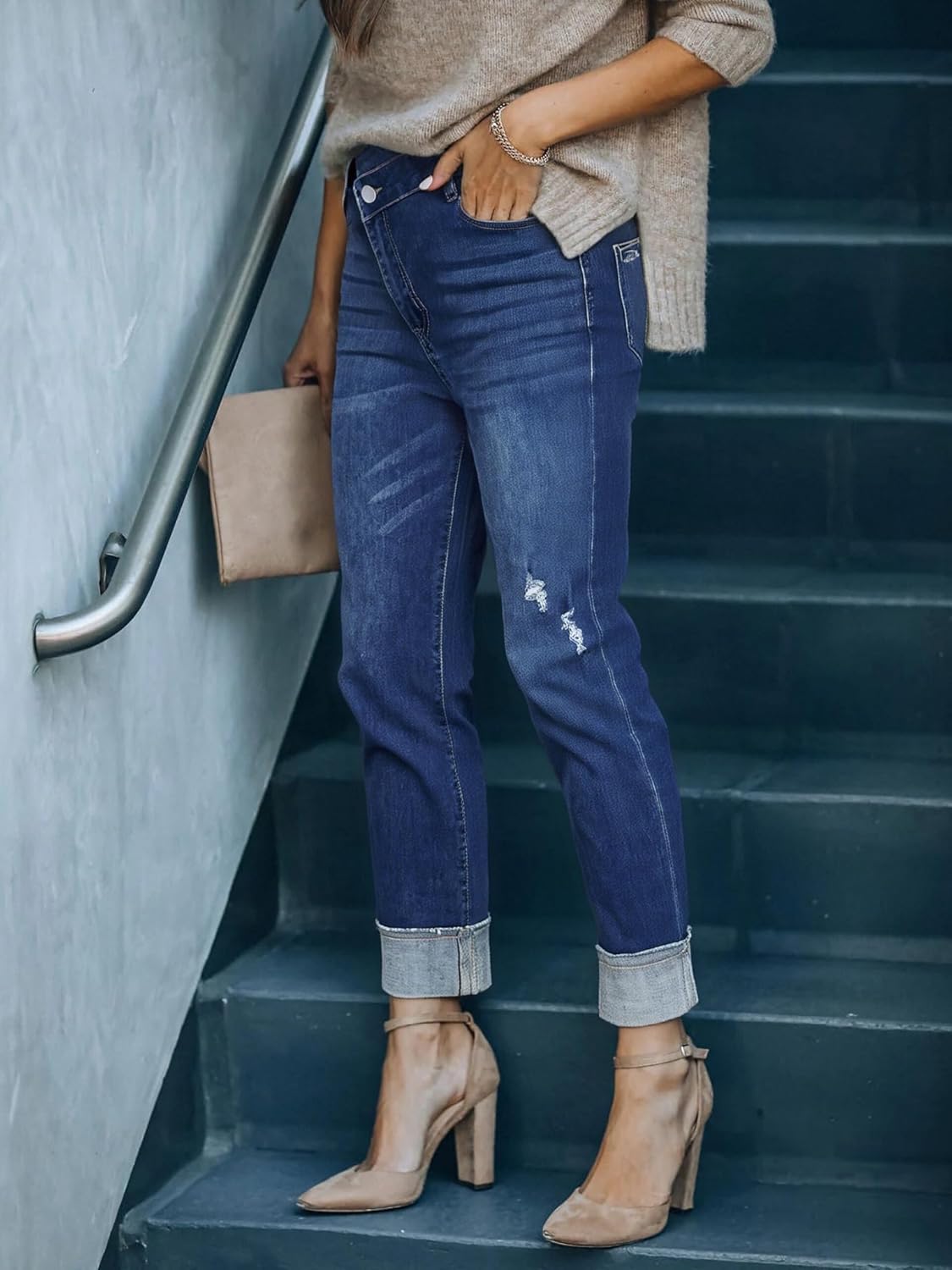 Women's High Waisted Skinny Ripped Jeans Stretchy Raw Hem Distressed Cuffed Capri Denim Pants Summer 2025 Trendy