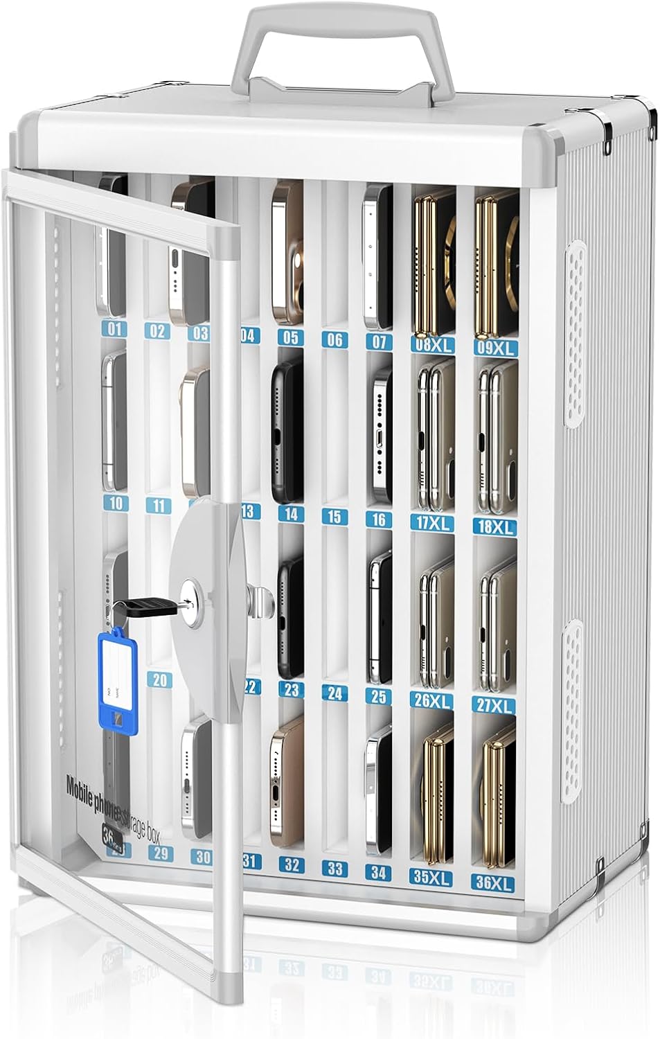 24 Slots Cell Phone Locker for Classroom, Portable Phone Holder Box, Wall Mount Phone Lock Box with Key, Pocket Chart Storage(Black-Universal Keys)