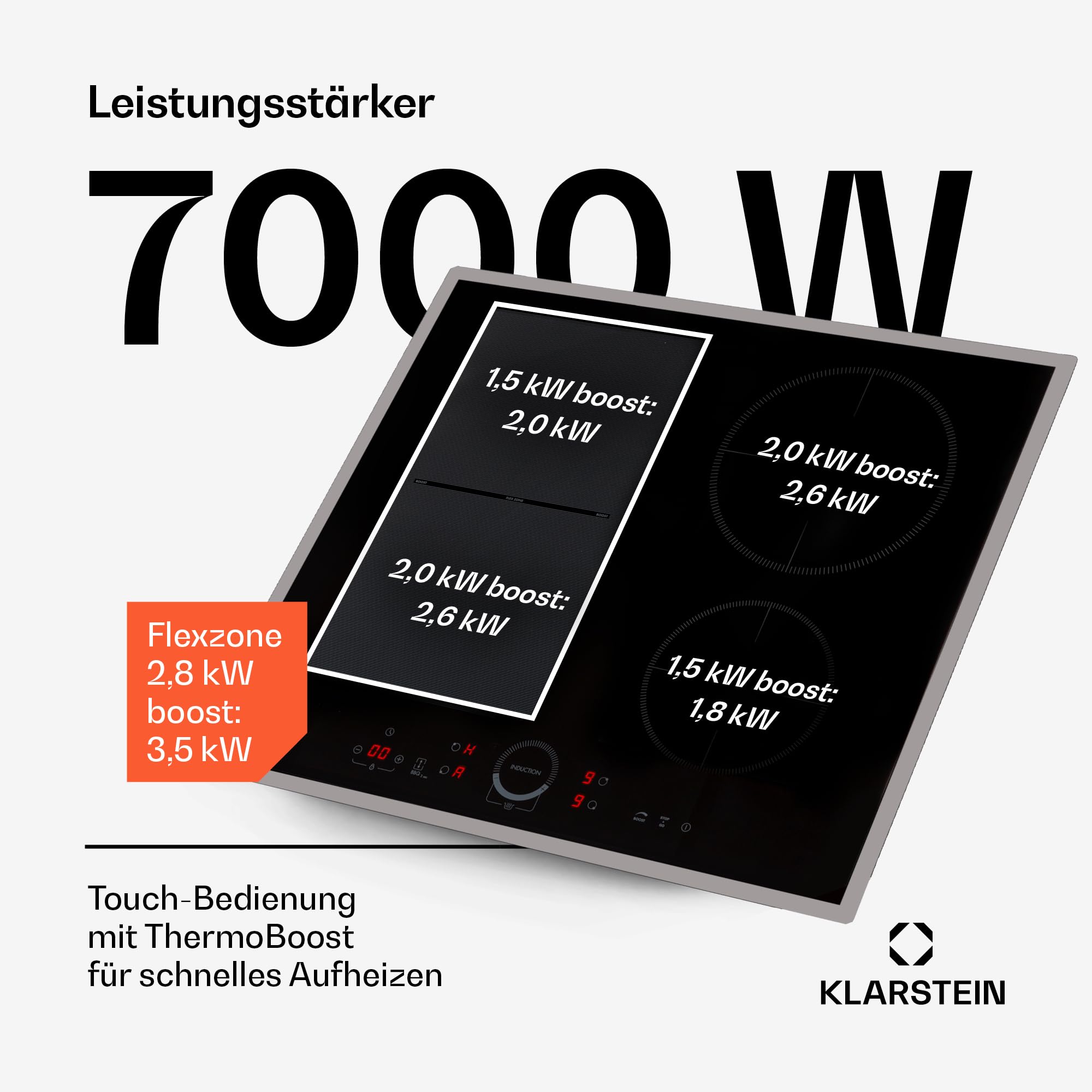 Klarstein Induktionskochfeld - Glaskeramik Einbau-Kochfeld Mit 4 Platten, Touch-Display, Digitalanzeige, Timer-Funktion, Schnelles Aufheizen - 7000 Watt