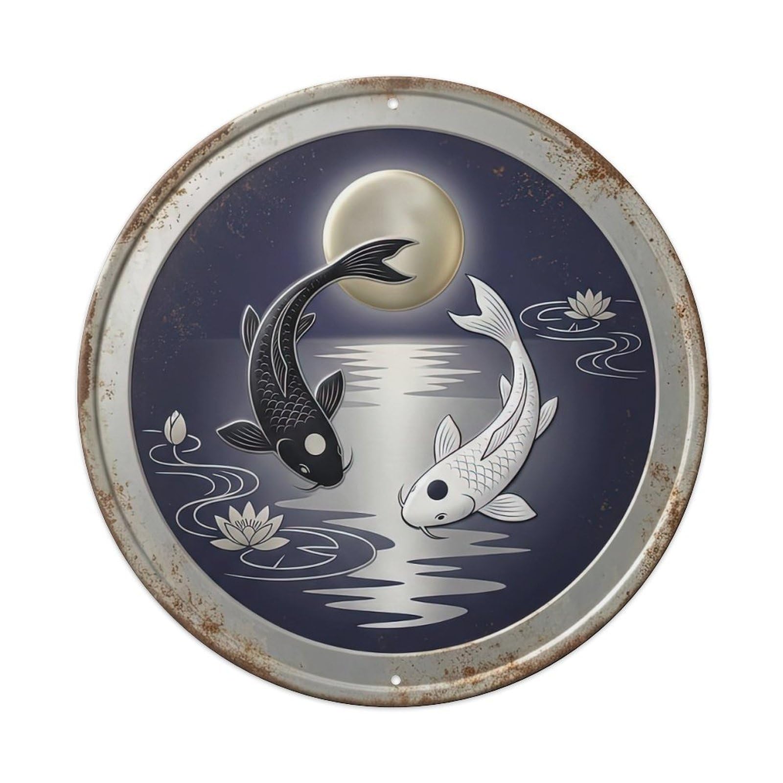 Moonlight Pond Stillness Koi Fish Metal Tin Sign Plaque Wall Decor for Cafe, Club, Garden Round Metal Poster 8x8Inch