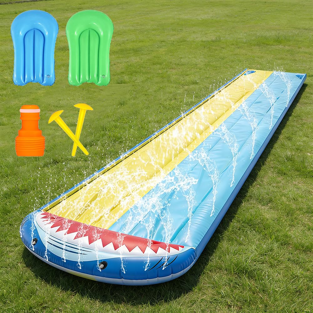 NAVESO Zjeżdżalnia ogrodowa, podwójna zjeżdżalnia wodna z 2 bodyboardami, zjeżdżalnia wodna, zjeżdżalnia do ogrodu, do użytku na zewnątrz (480 x 140 cm)