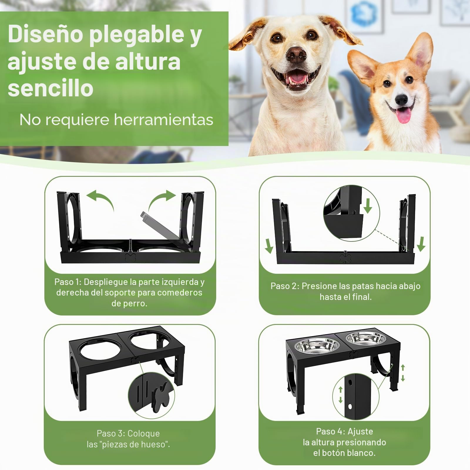 X XBEN Comedero Perro Elevado, Comedero Elevado de 5 Alturas Ajustables, 2X1,5L Comedero y Bebedero Perro, Comederos Elevados para Perros Pequeños, Medianos y Grandes, Plegable y Antideslizante