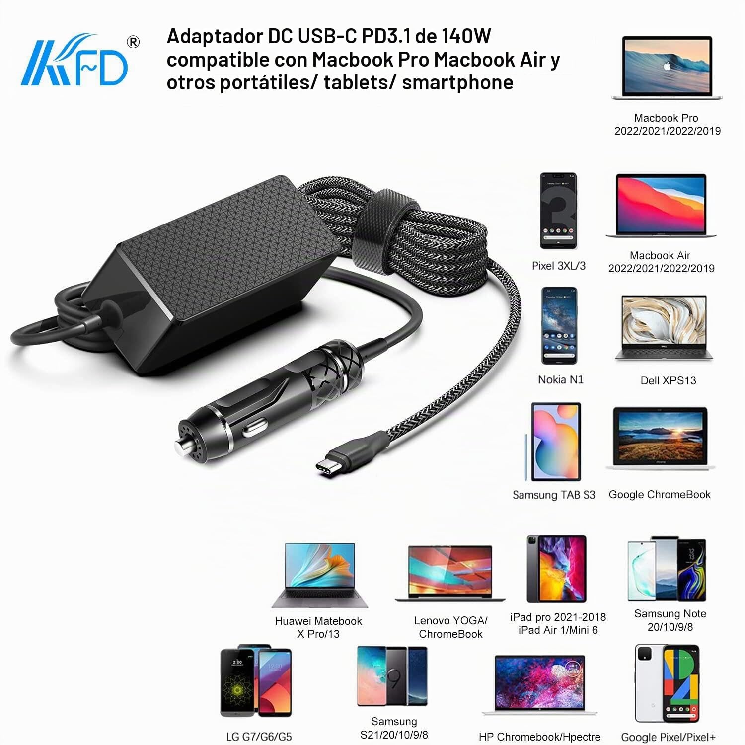 KFD PD 140W USB-C DC 12V-24V Computadora Portátil Cargador Coche para MacBook Air 13" 15" MacBook Neo Pro 16 14 2026 2025 Lenovo Surface Pro 9 8 HP DELL 135W 130W 100W Ordenador Adaptador Mechero