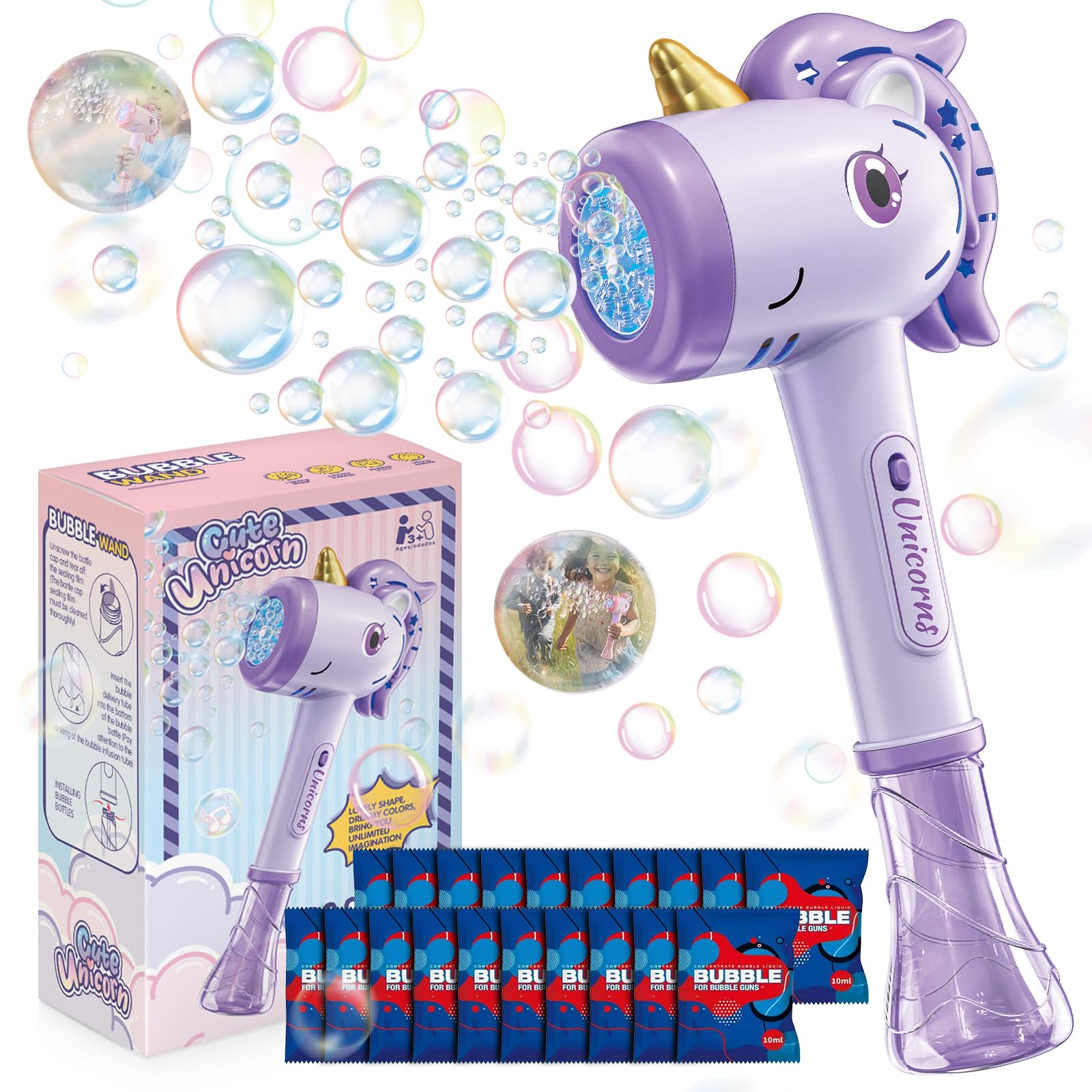 Unicorn Bubble Wands (20 Bottles Refill Solution) - Bubble Gun & Bubble Machine for Girls, Kids & Toddlers Ages 3-14, Outdoor Toys, Easter Party & Birthday Gift, with Ergonomic Handle – Purple