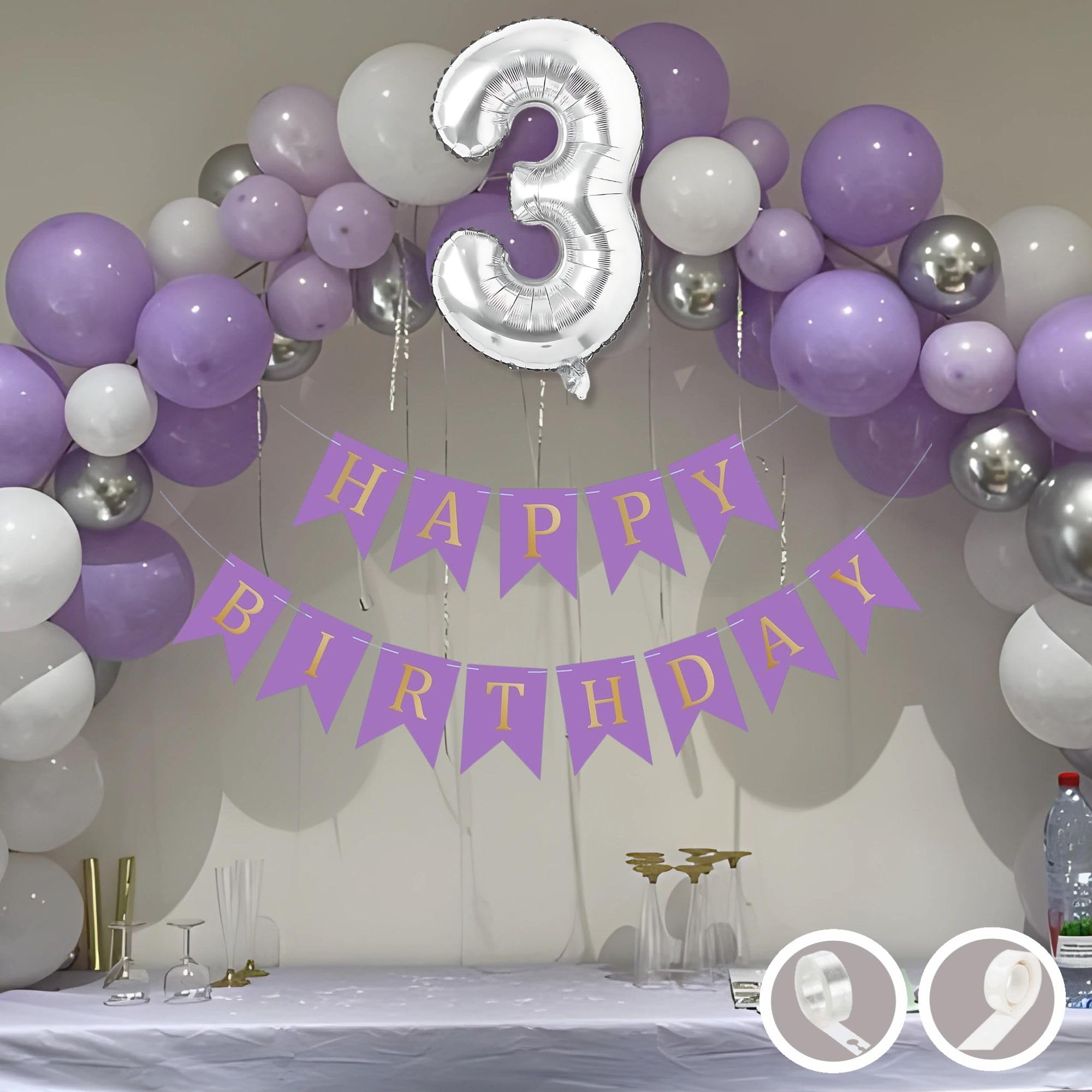 Flyloons 3rd Birthday Decoration Items Purple and White Theme Combination for Boys Girls Kids | 30 Pcs Purple White Silver Color Balloons | Purple Happy Birthday Banner | Arch Tape | Glue Dots