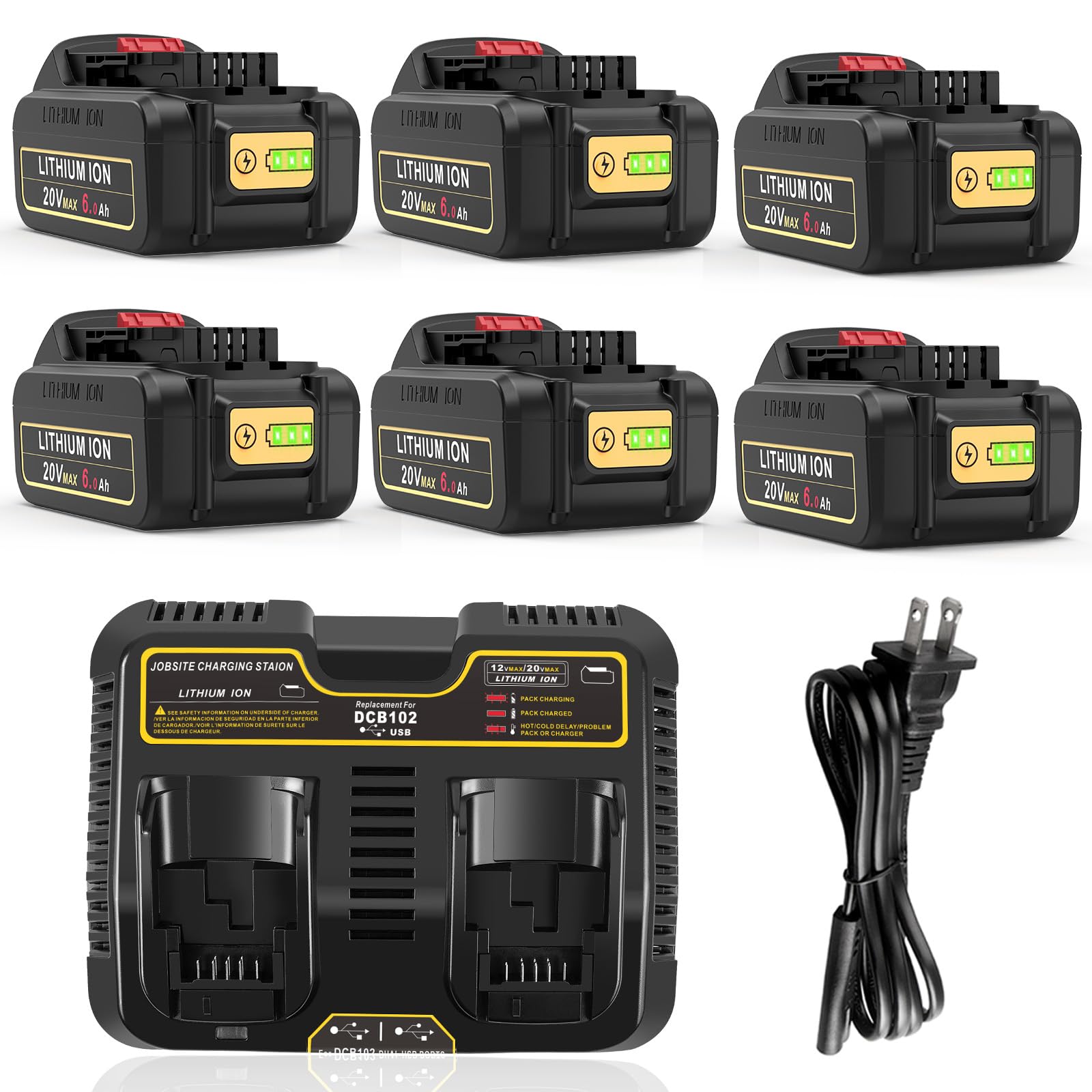 PENGJBATTER Paquete de 6 baterías de repuesto de 20 V 6.0 Ah para batería Dewalt de 20 V con cargador DCB102 de doble puerto de 20 V, batería de 20 V 6.0 Ah con cargador de 20 V compatible con