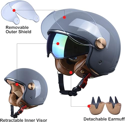 Miniatura 4 de Casco de motocicleta abierto para adultos, aprobado por la DOT, casco retro estilo Vespa 34 con doble visor para hombre y mujer, ideal para motos