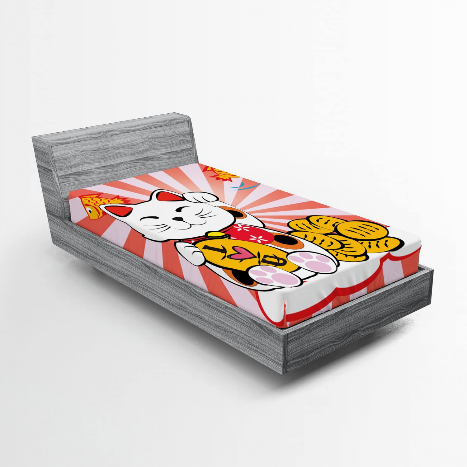 Ambesonne Japanese 2 Pack Fitted Sheet, Starburst Lines Cat, Bed Cover All-Round Elastic Deep Pockets 2 Pieces, Package Contains 2 Twin Size Fitted Sheets, Coral Orange Rose