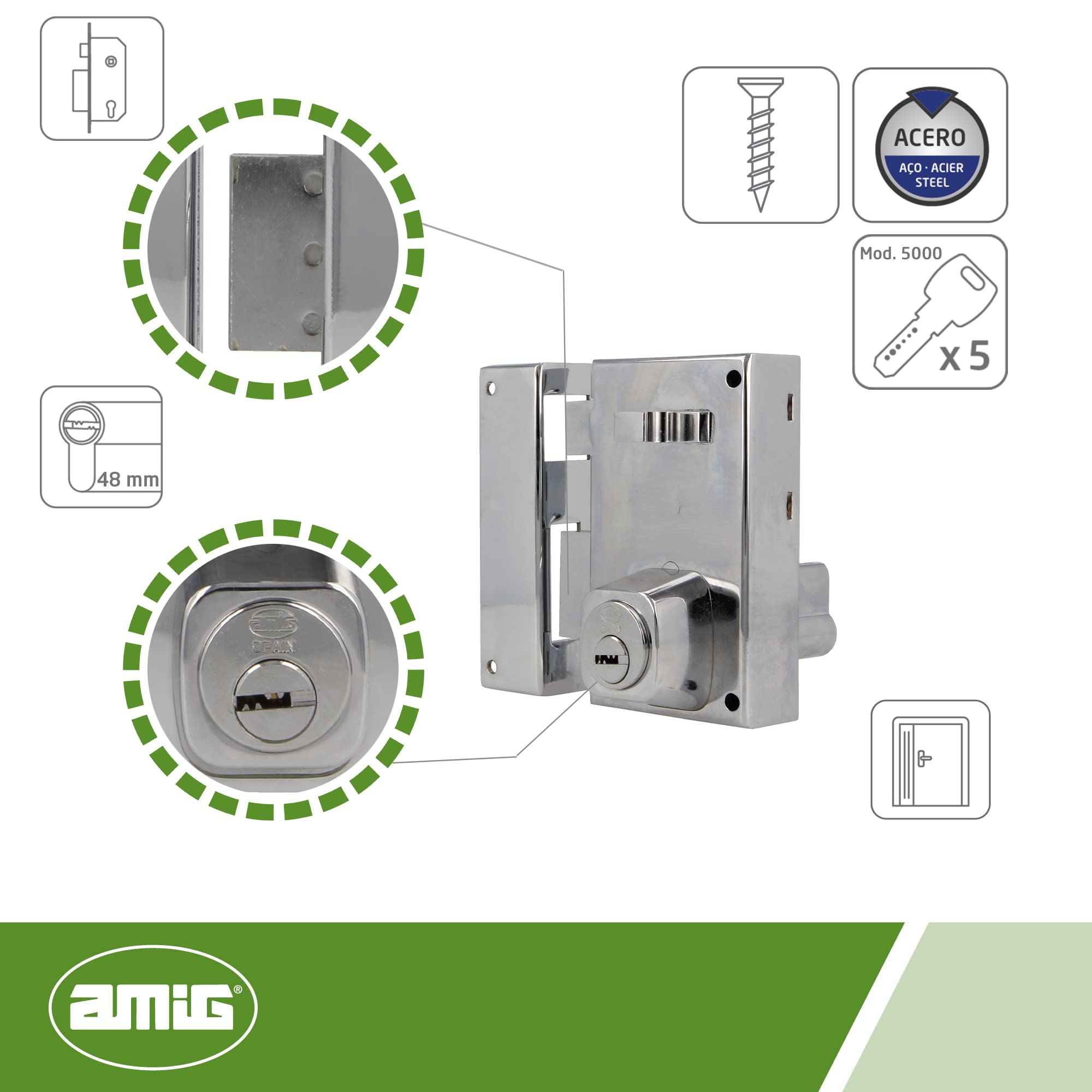 Amig - Serratura da sovrapposizione a sinistra con leva di chiusura, linguetta e maniglia per porte in legno mod. 76-67 x 112 mm - Cilindro Europrofilo - Acciaio Argento