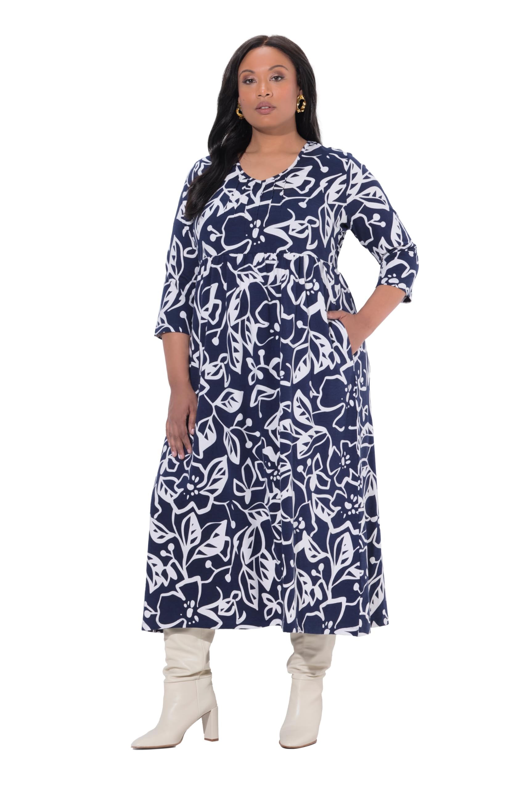 Ulla Popken Damen große Größen Übergrößen Plus Size Maxikleid, Blüten, A-Linie, V-Ausschnitt, 3/4-Arm 847110