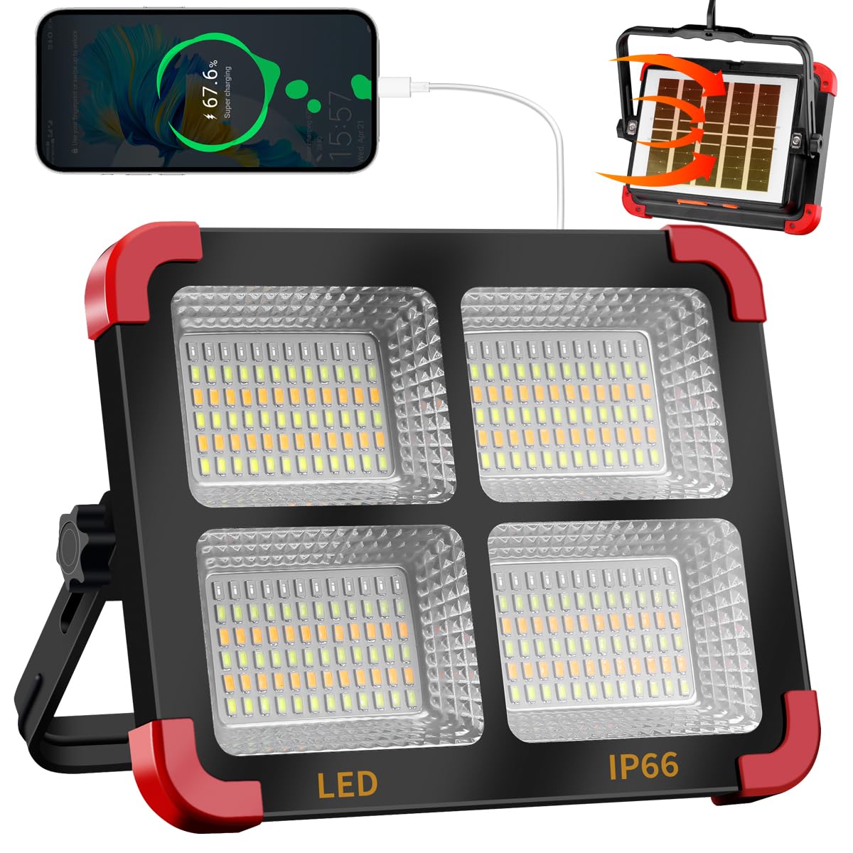 120W Solar Rechargeable LED Work Light - 288 LED Portable Flood Light with Stand, IP66 Waterproof 5 Modes Outdoor Lamp for Camping, Car Repairs, Job Site Lighting & Emergencies