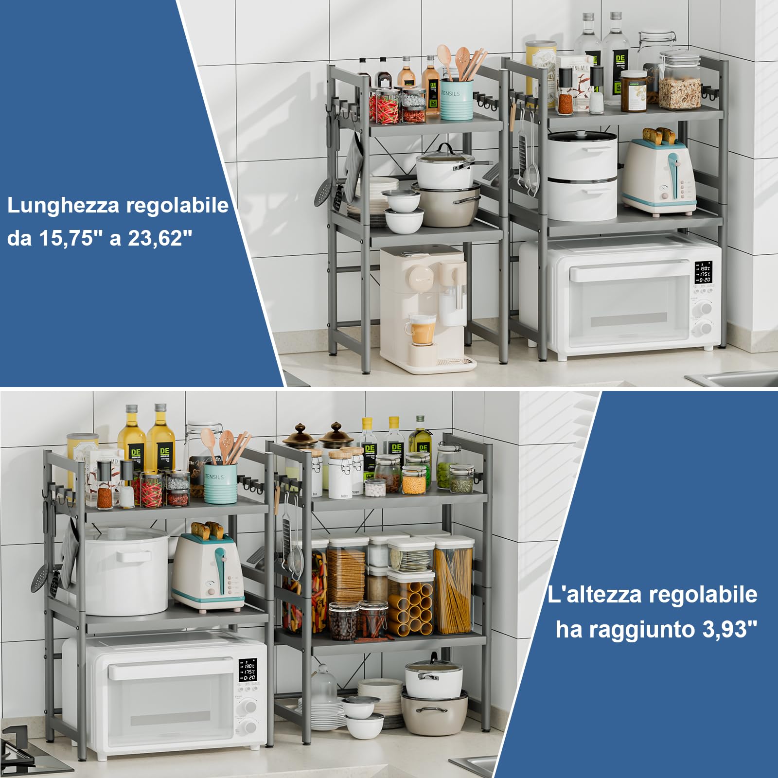 Mensola Microonde Scaffale da Cucina 3 Ripiani per Microonde con 8 Ganci, Estensibile Porta Microonde,Supporto Microonde Nero
