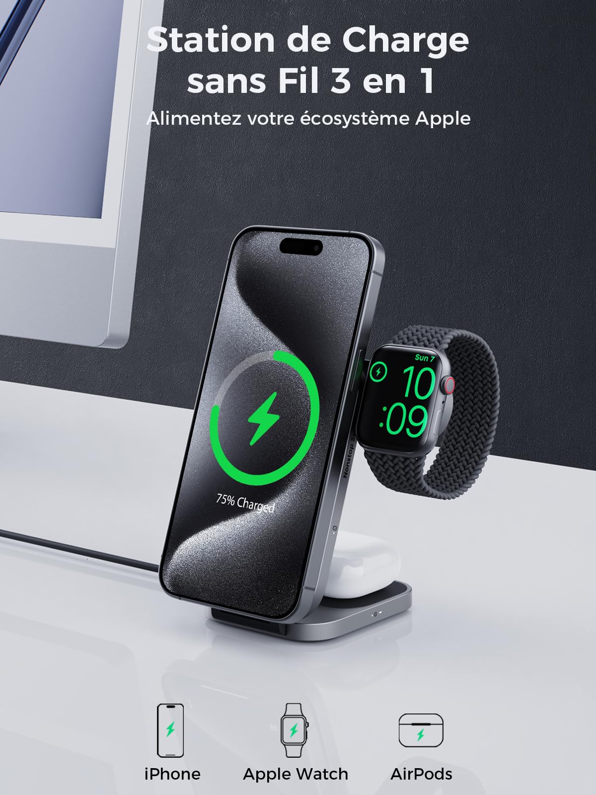 Station de Charge 3 en 1 Qi2, Chargeur Induction 15W Compatible avec Magsafe, Chargeur Pliable sans Fil pour Apple Watch, iPhone 17/Air/16/15/14/13/12, Pixel 10 Series, AirPods, Gris