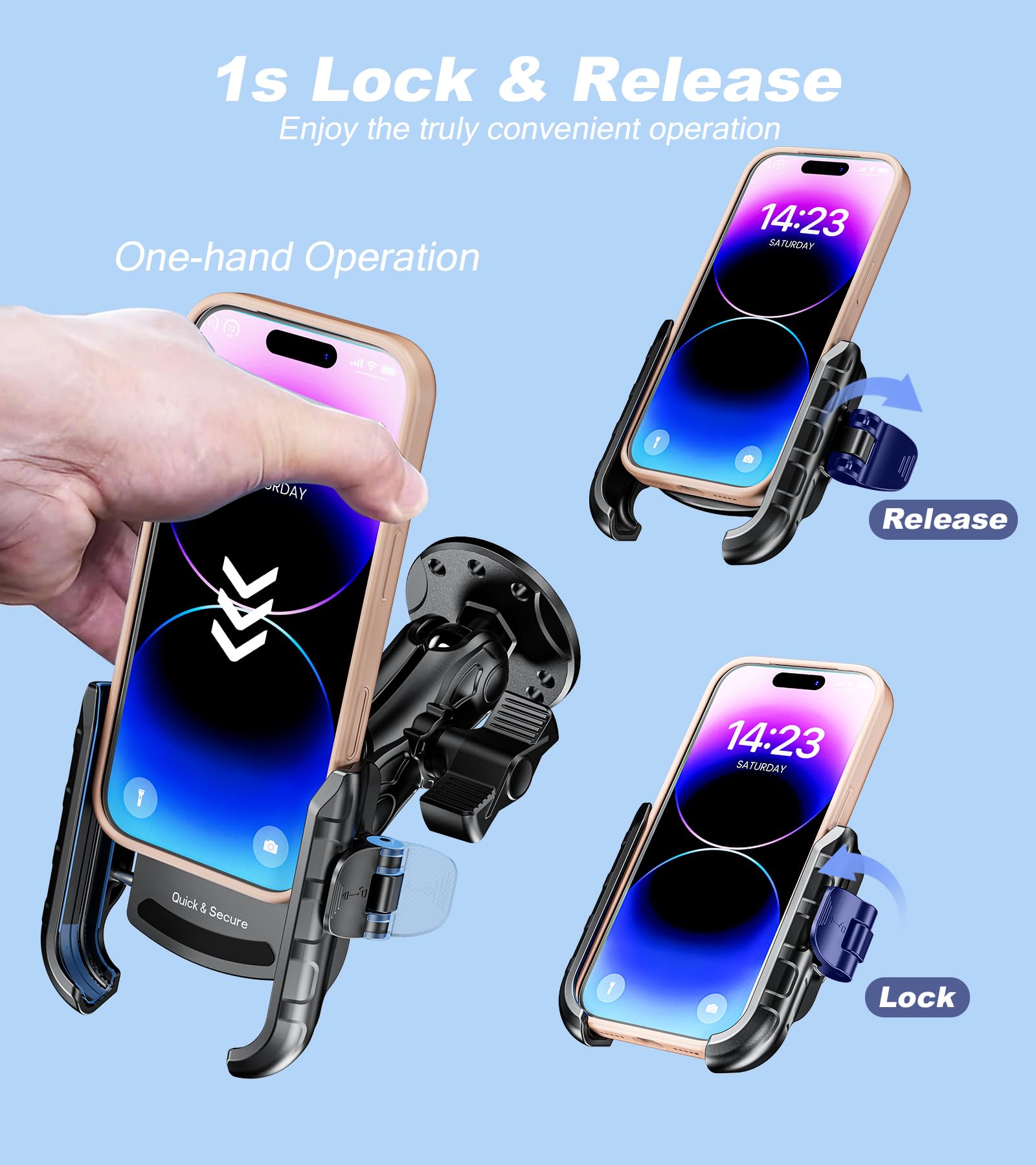 LOKTENWO Anti-Vibrations-Telefonhalterung mit Vibrationsdämpfer [Kamera ohne Blockierung] [1s Lock & Release] mit mittlerem Arm und runder Aluminium-Basis für Auto, LKW, UTV, Boot, passend für