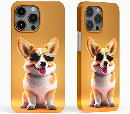 Lindo Corgi cachorro con gafas de sol amarillo para iPhone 14 Pro Max Descripción de la caja del teléfono, paquete completo de pintura en aerosol,