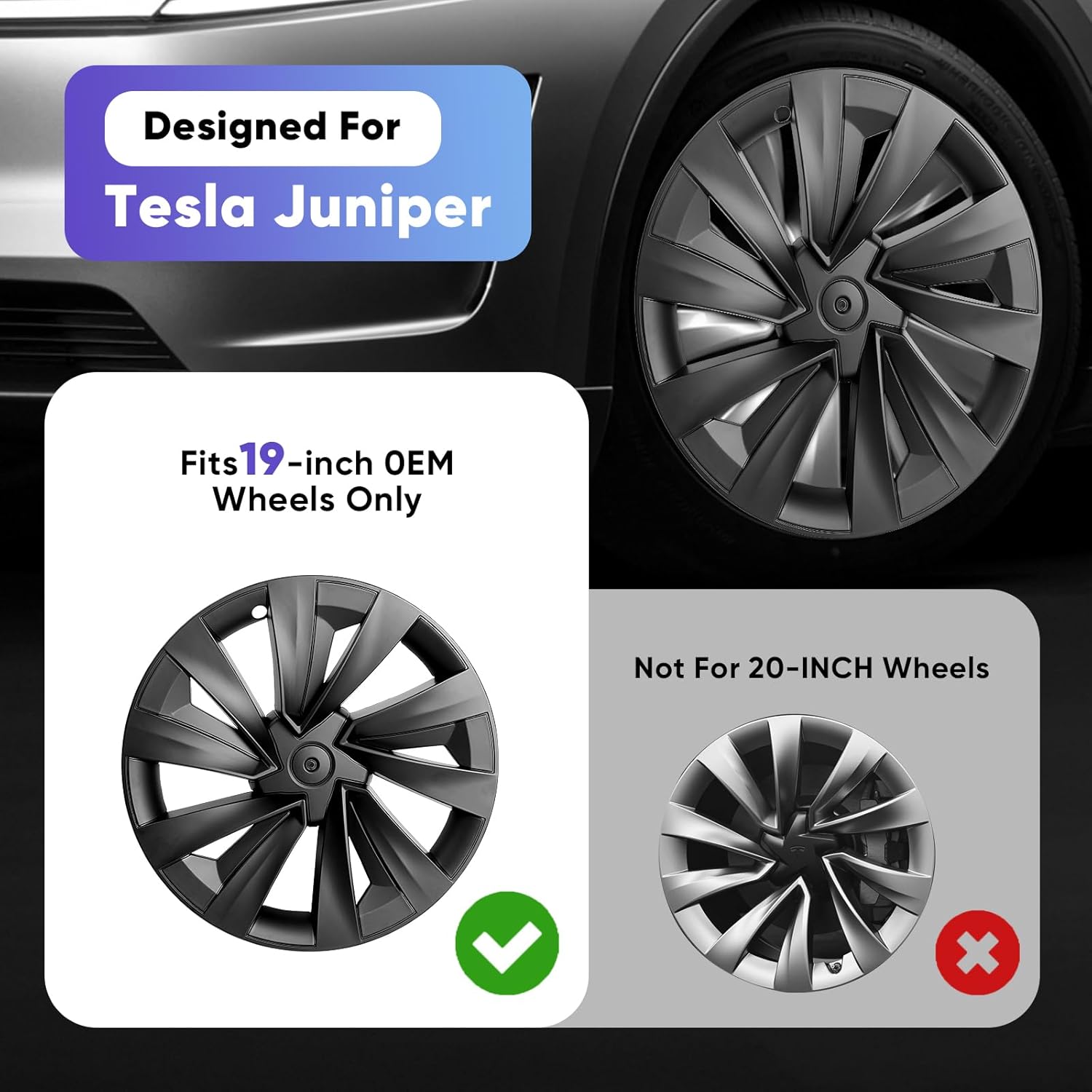 Wheel Covers Compatible with Tesla Model Y (Juniper) 2025–2026, 19-Inch Hubcaps – StarForge Nova Style, Matte Black, with Blank Center Caps, Easy Clip-On Installation, 4PCS(Refreshed Juniper Only)
