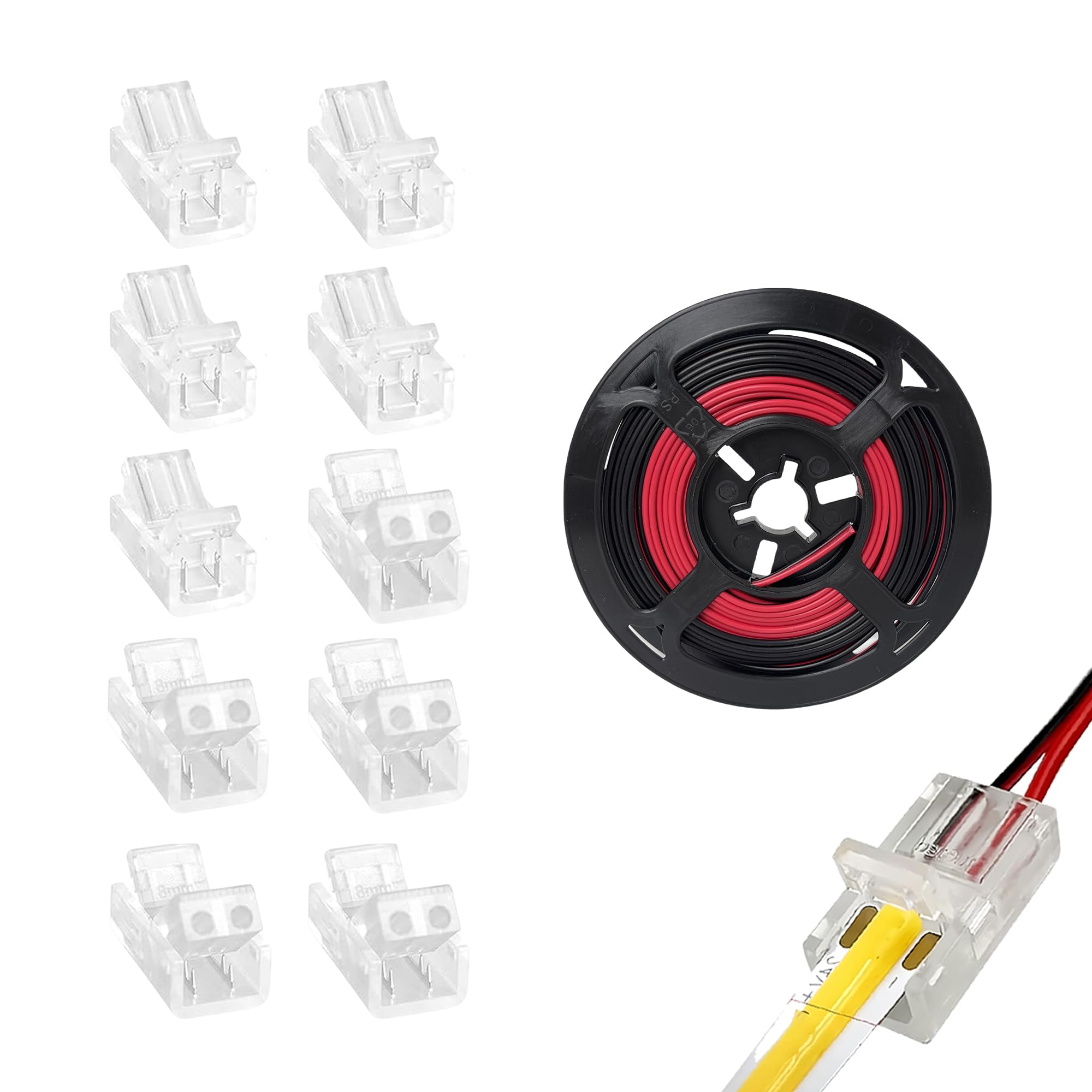Clearhill 8mm 2Pin 15PCS Transparent Solderless LED Light Strip Connectors,Strip to Wire 10PCS + Red and Black Wire 5PCS,for Single Color 5V/12V/24V LED Strips,No Soldering Required.
